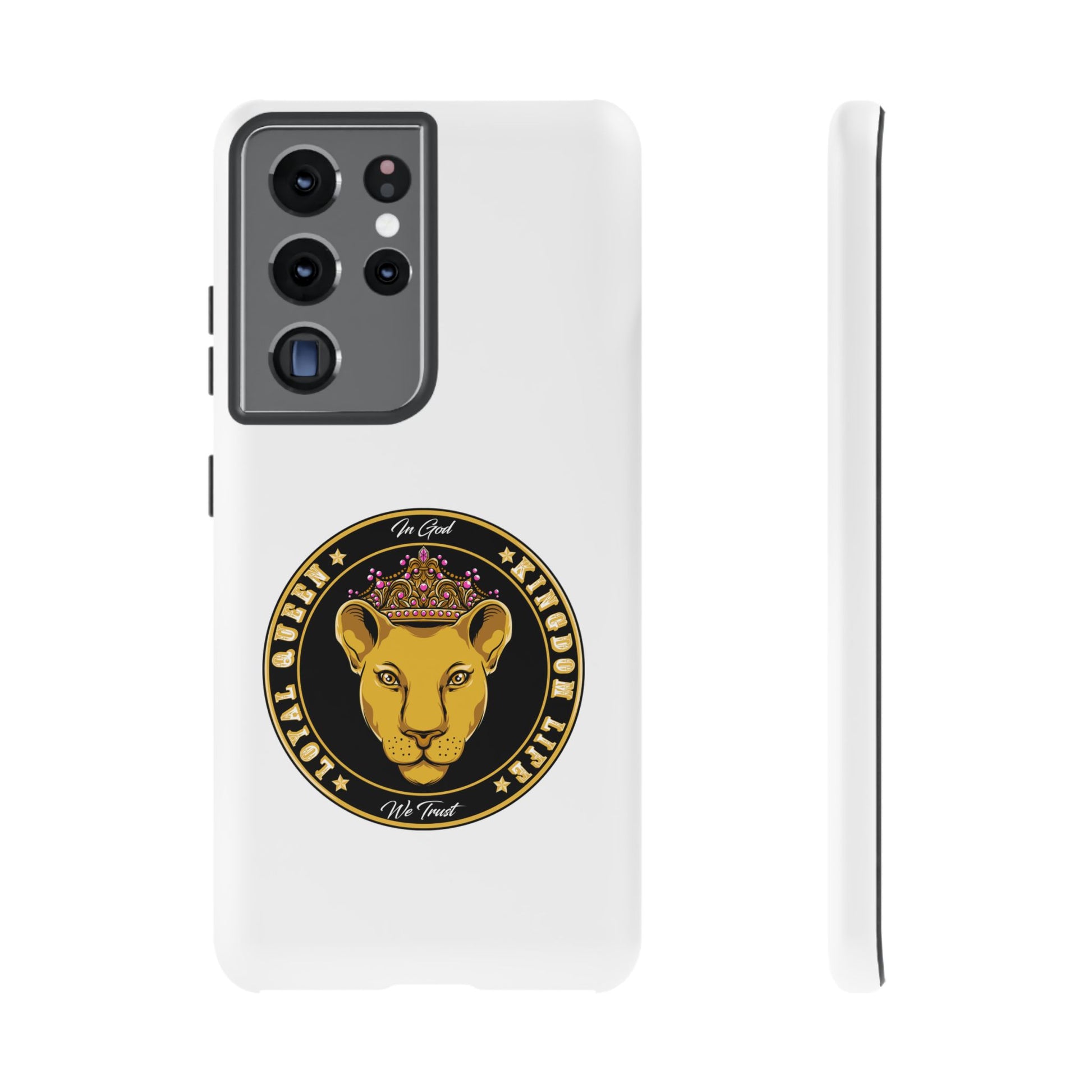 White LOYAL QUEEN phone case symbolizing royal identity in Christ