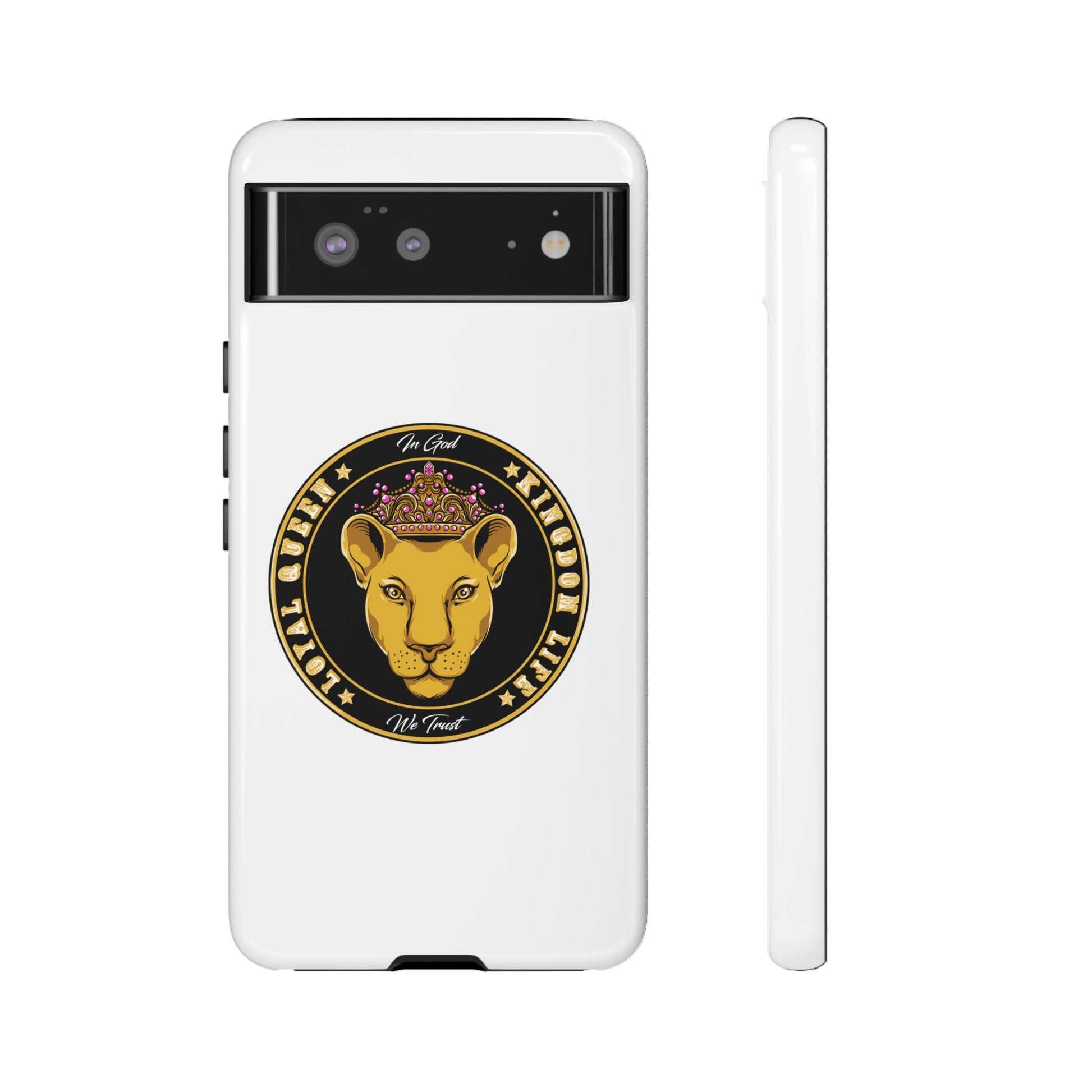 White LOYAL QUEEN phone case symbolizing royal identity in Christ