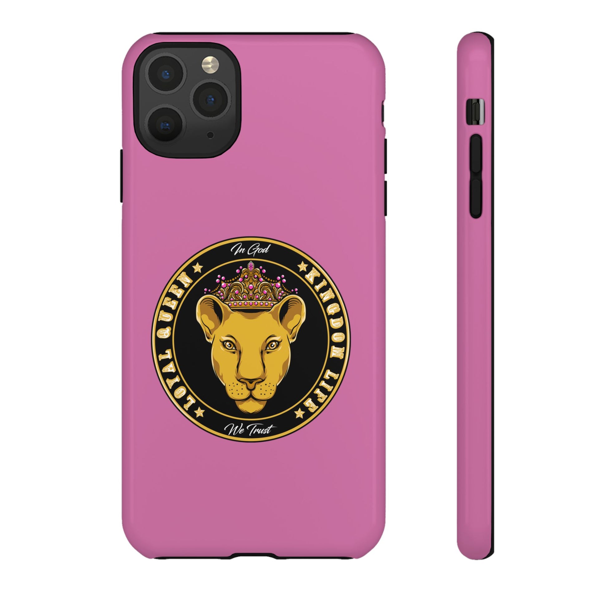 Faith-inspired pink phone cover for women – Loyal Queen with royal Christian theme