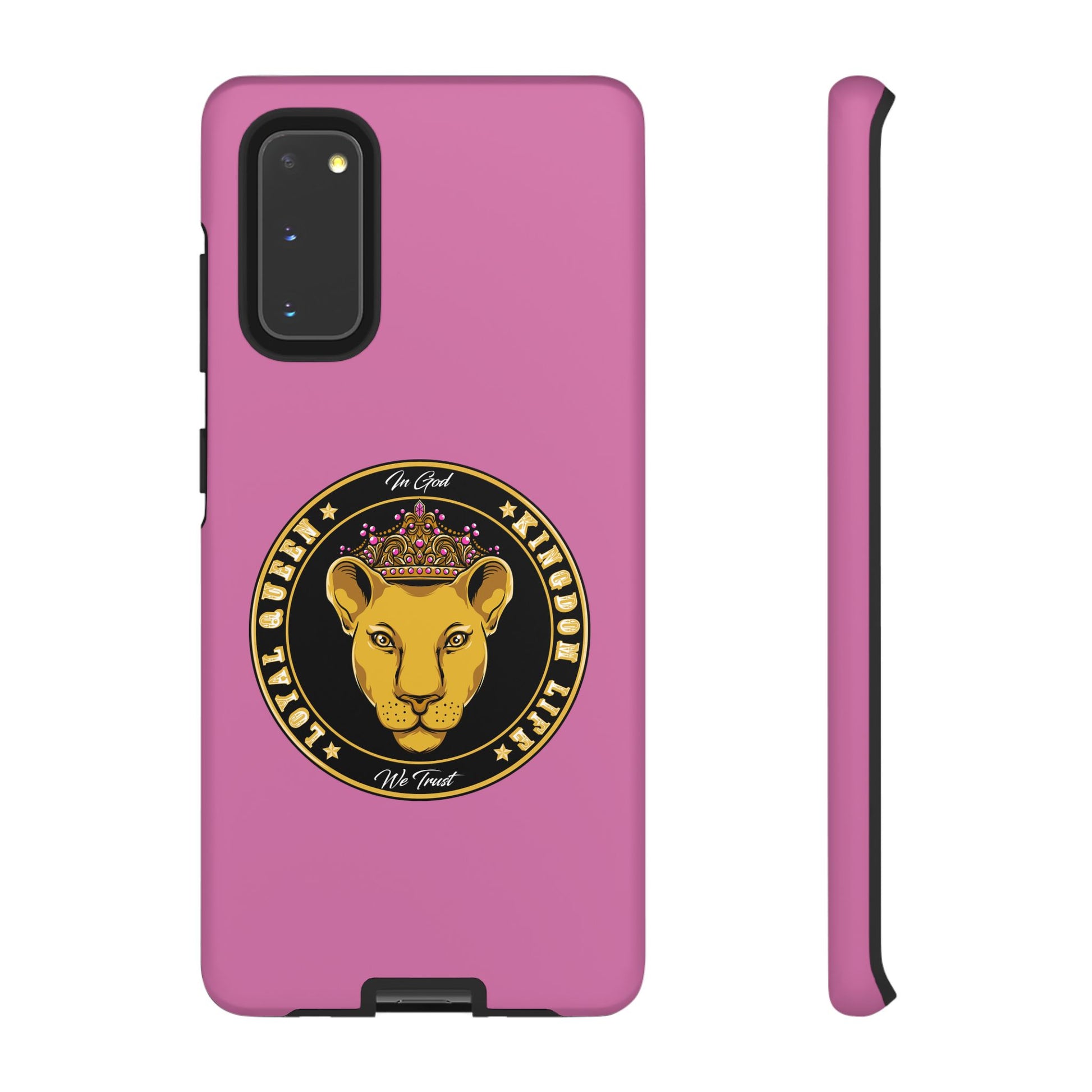 Faith-inspired pink phone cover for women – Loyal Queen with royal Christian theme