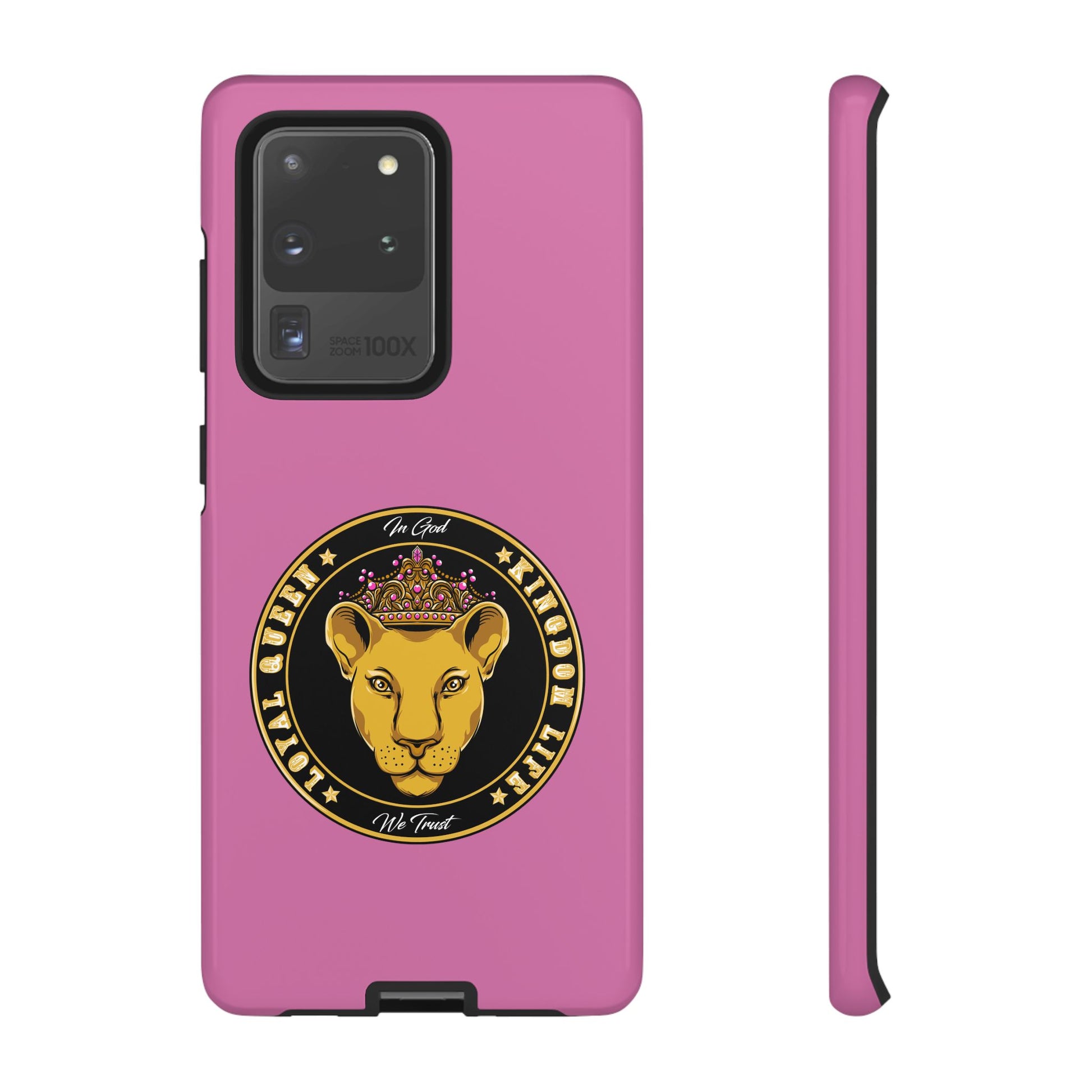 Faith-inspired pink phone cover for women – Loyal Queen with royal Christian theme