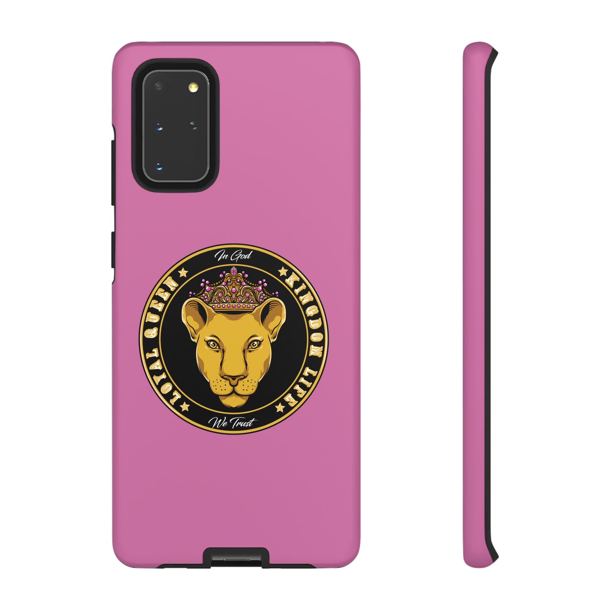 Faith-inspired pink phone cover for women – Loyal Queen with royal Christian theme