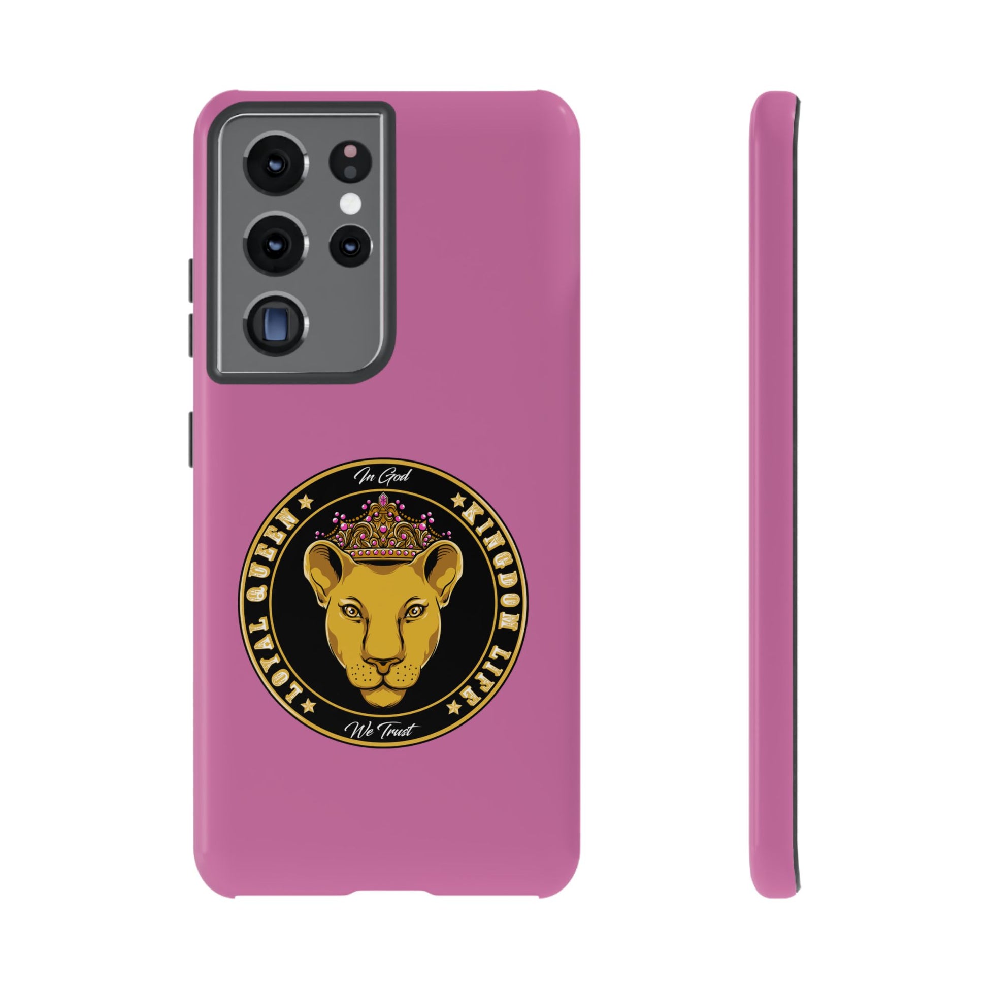 Elegant LOYAL QUEEN pink phone case – Christian gift with crown design