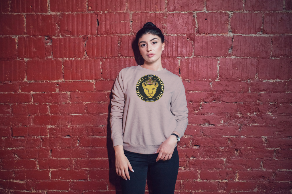 Female model wearing sand color sweatshirt with LOYAL QUEEN - The Original