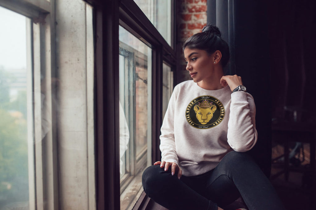 model casually wearing LOYAL QUEEN on white sweatshirt from The Original