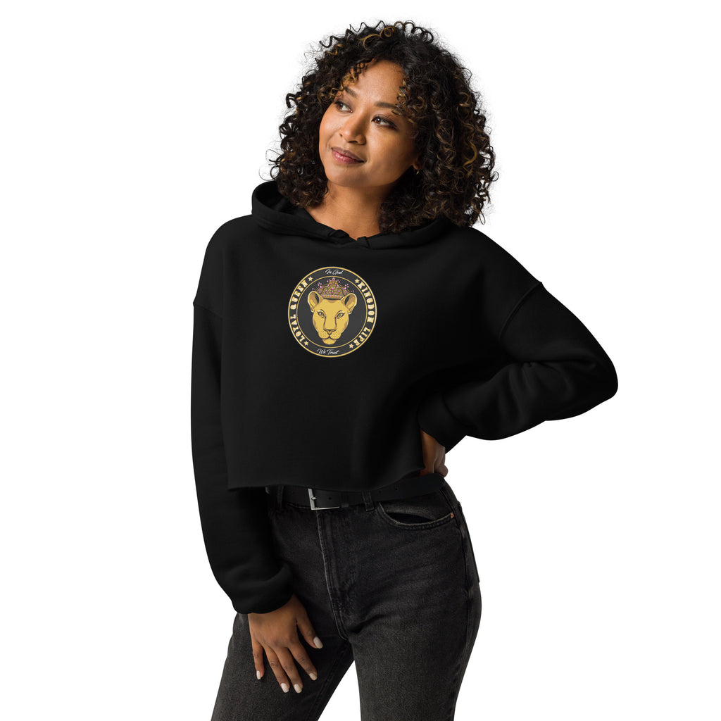 Model wearing loyal queen crop hoodie front view – christian streetwear for women - The Original