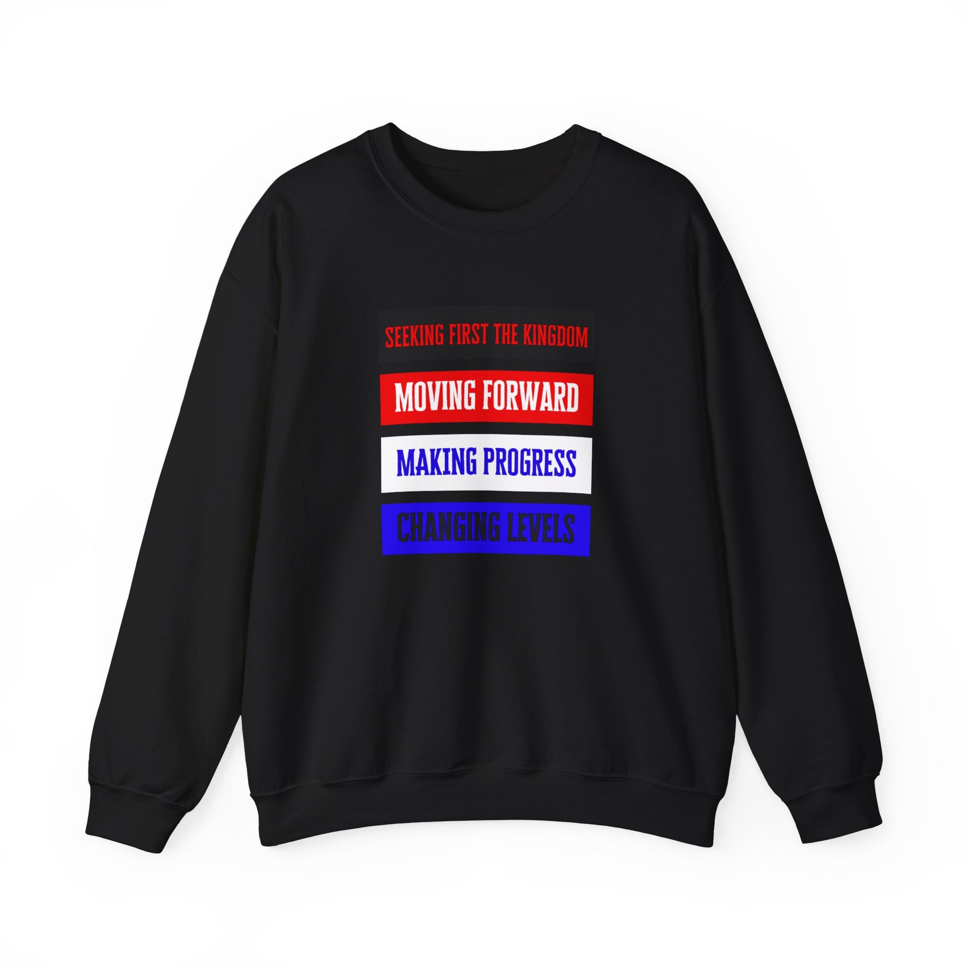 Moving Forward Christian sweatshirt with bold text design – front view