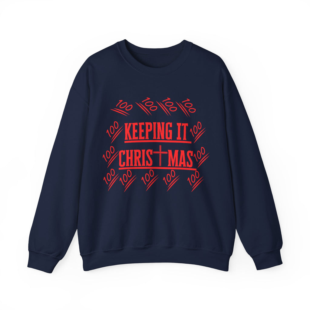 Close-up of bold red text on chest of holiday faithwear sweatshirt