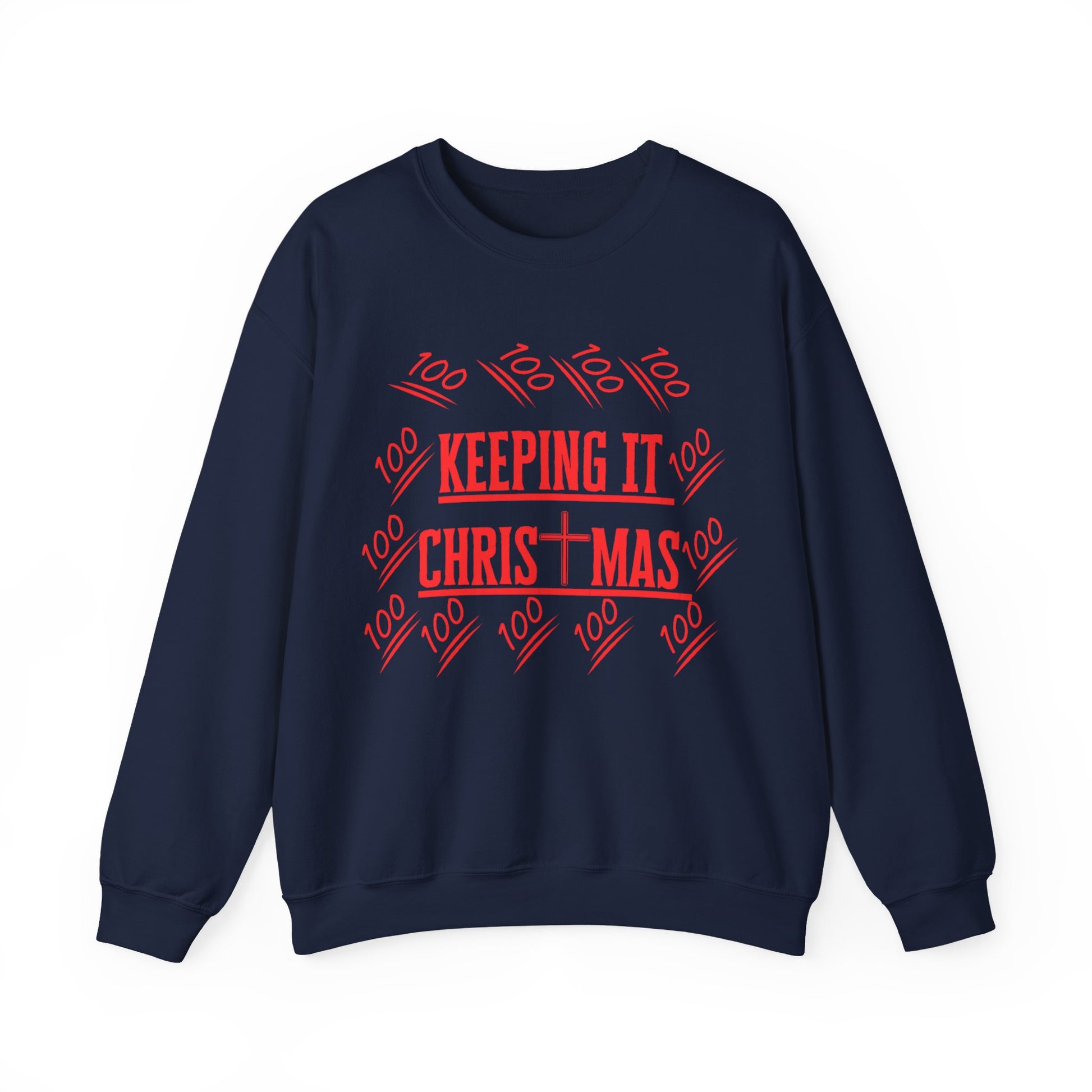 Close-up of bold red text on chest of holiday faithwear sweatshirt