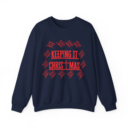 Close-up of bold red text on chest of holiday faithwear sweatshirt