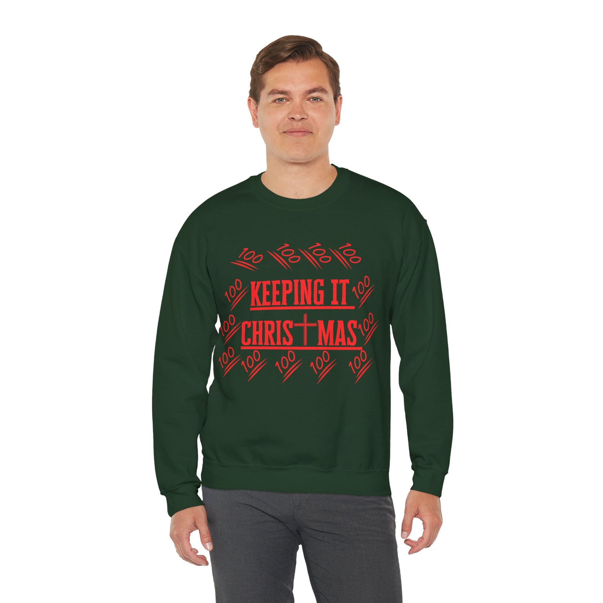 Model wearing crewneck sweatshirt in white background
