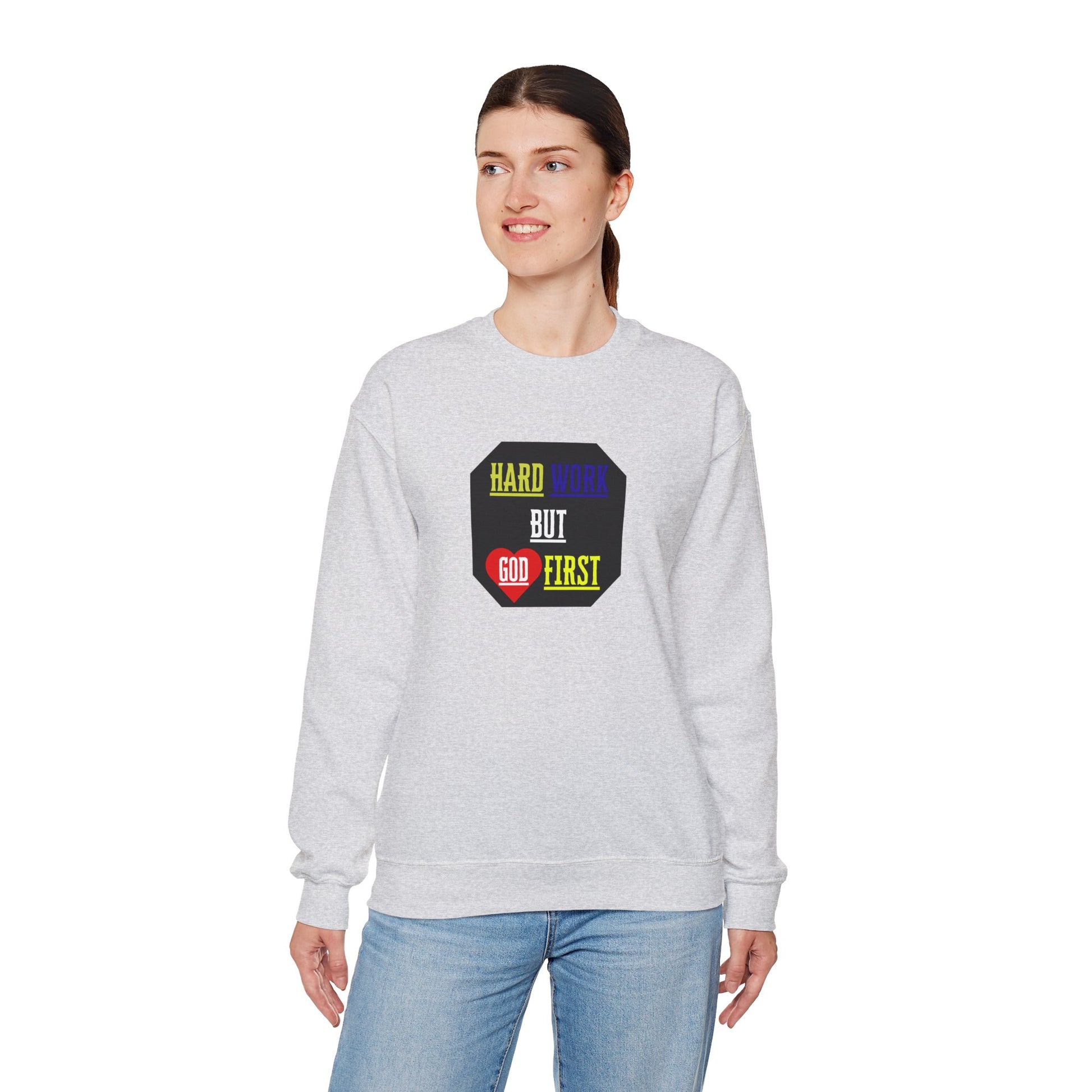 Inspirational light grey sweatshirt on model