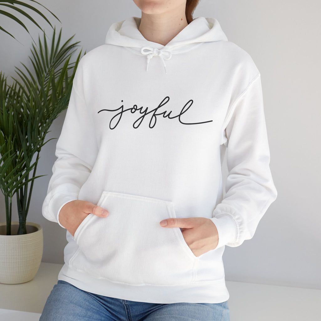 Woman wearing JOYFUL Christian hoodie with kangaroo pocket