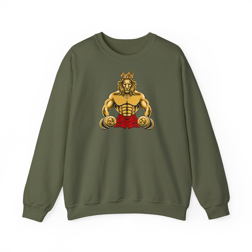 Flat lay of MUSCLE LION crewneck sweatshirt army with red shorts and 24 print