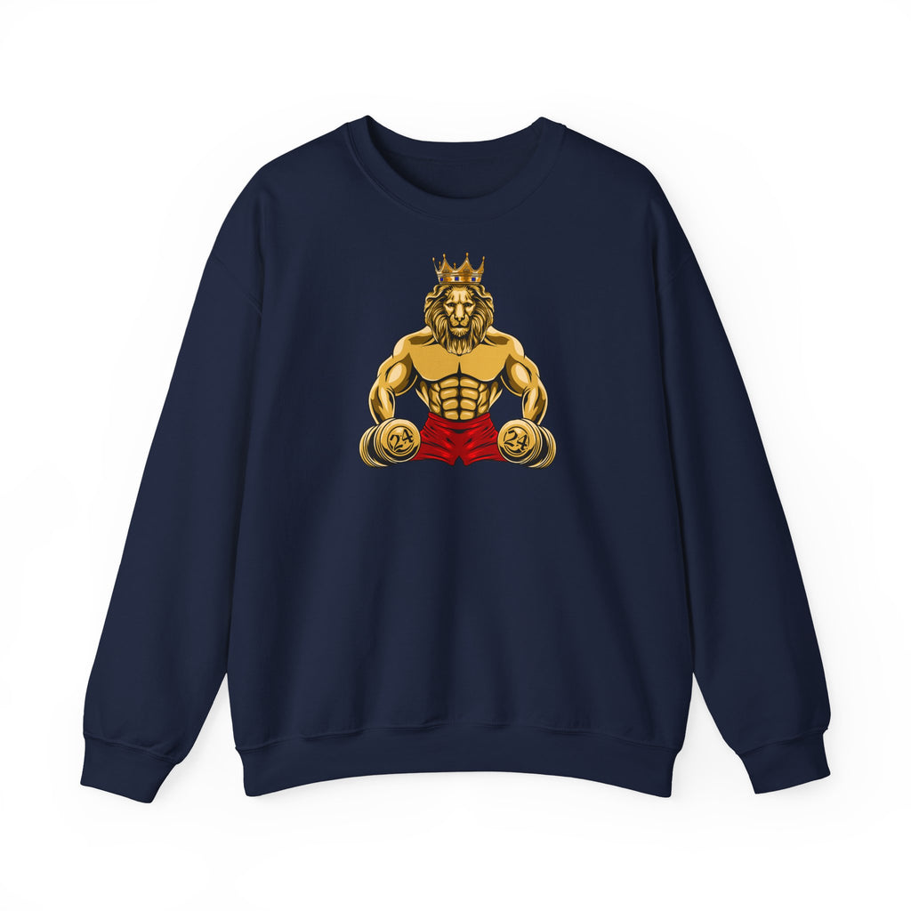 Black crewneck sweatshirt featuring bold MUSCLE LION print with red shorts and number 24