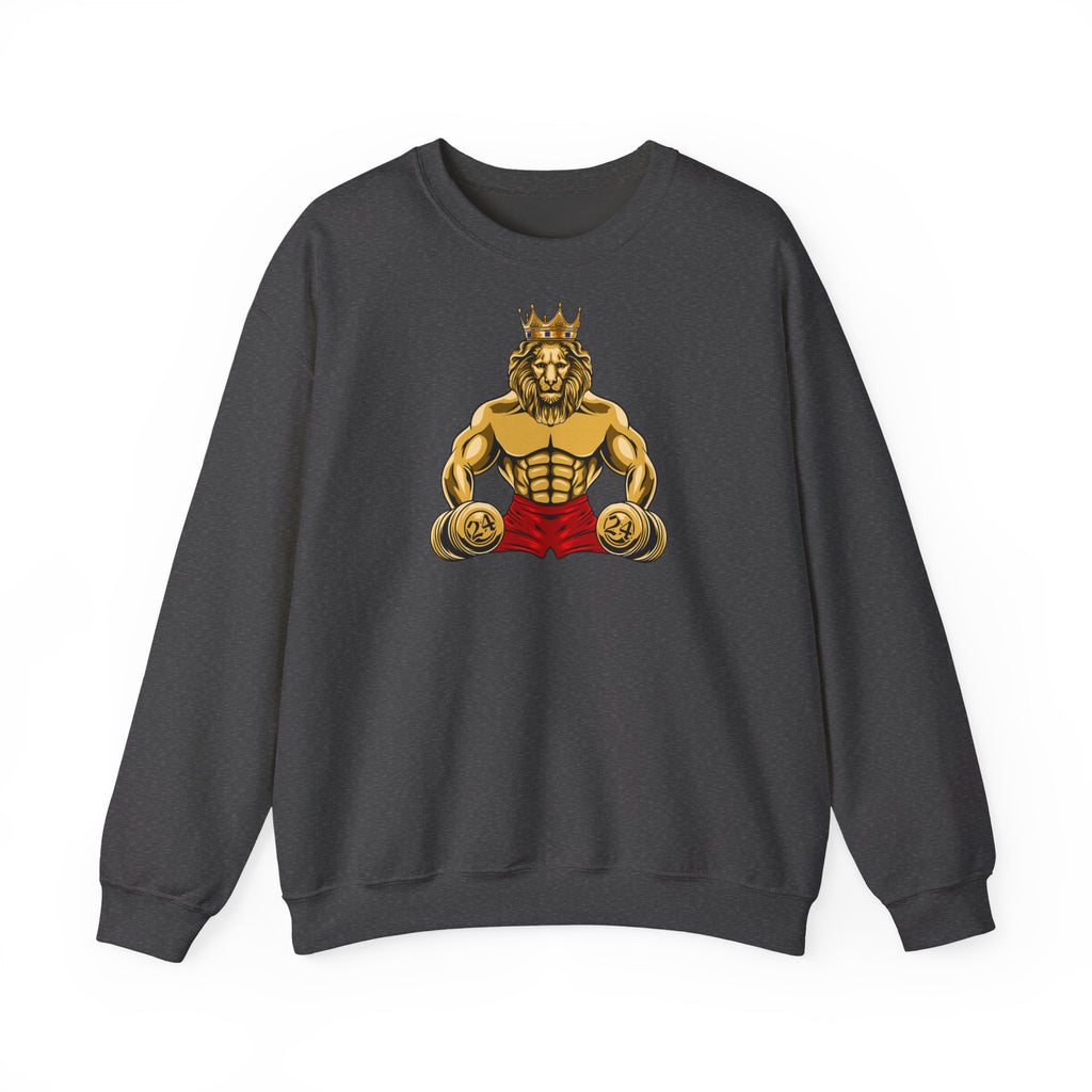Ash crewneck sweatshirt featuring bold MUSCLE LION print with red shorts and number 24