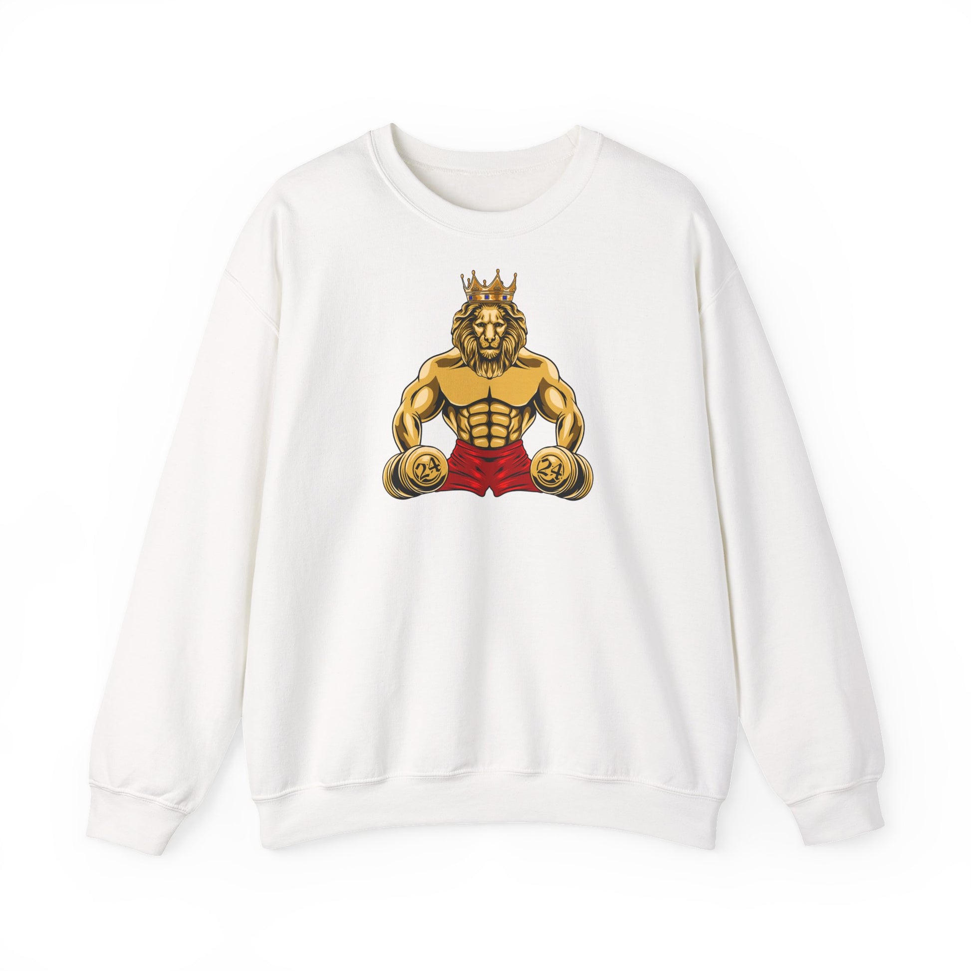 Close-up of red shorts and 24 detail on MUSCLE LION graphic on white sweatshirt