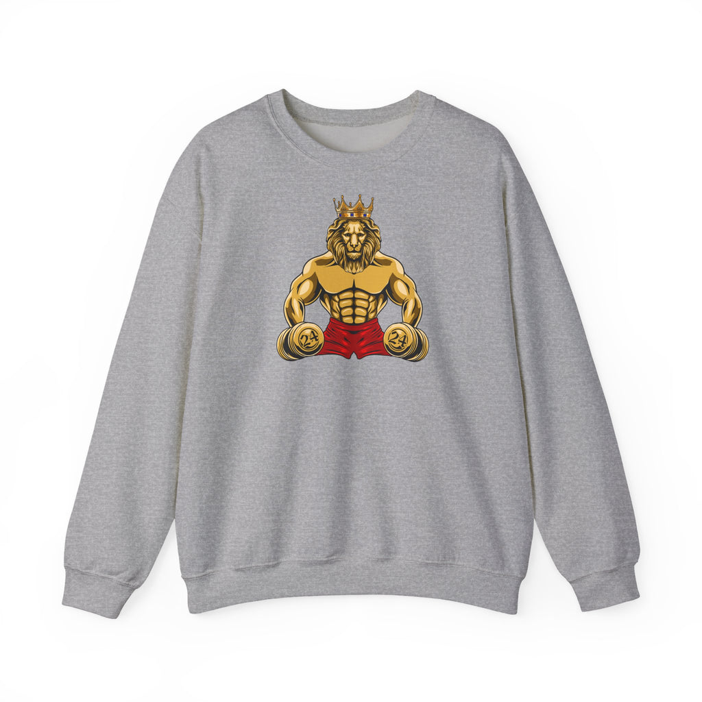 Christian faith-inspired sweatshirt with MUSCLE LION design symbolizing strength and victory