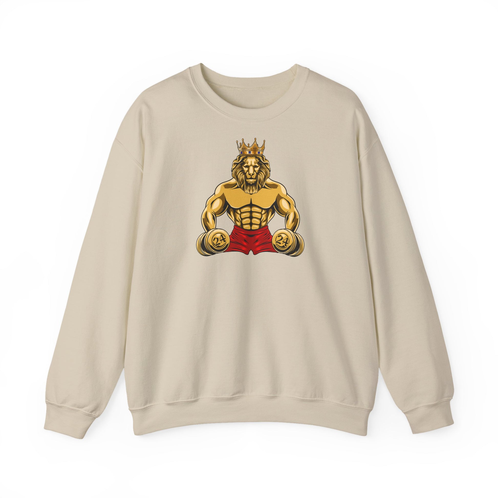 MUSCLE LION sweatshirt with red shorts and 24 design - Christian streetwear front view