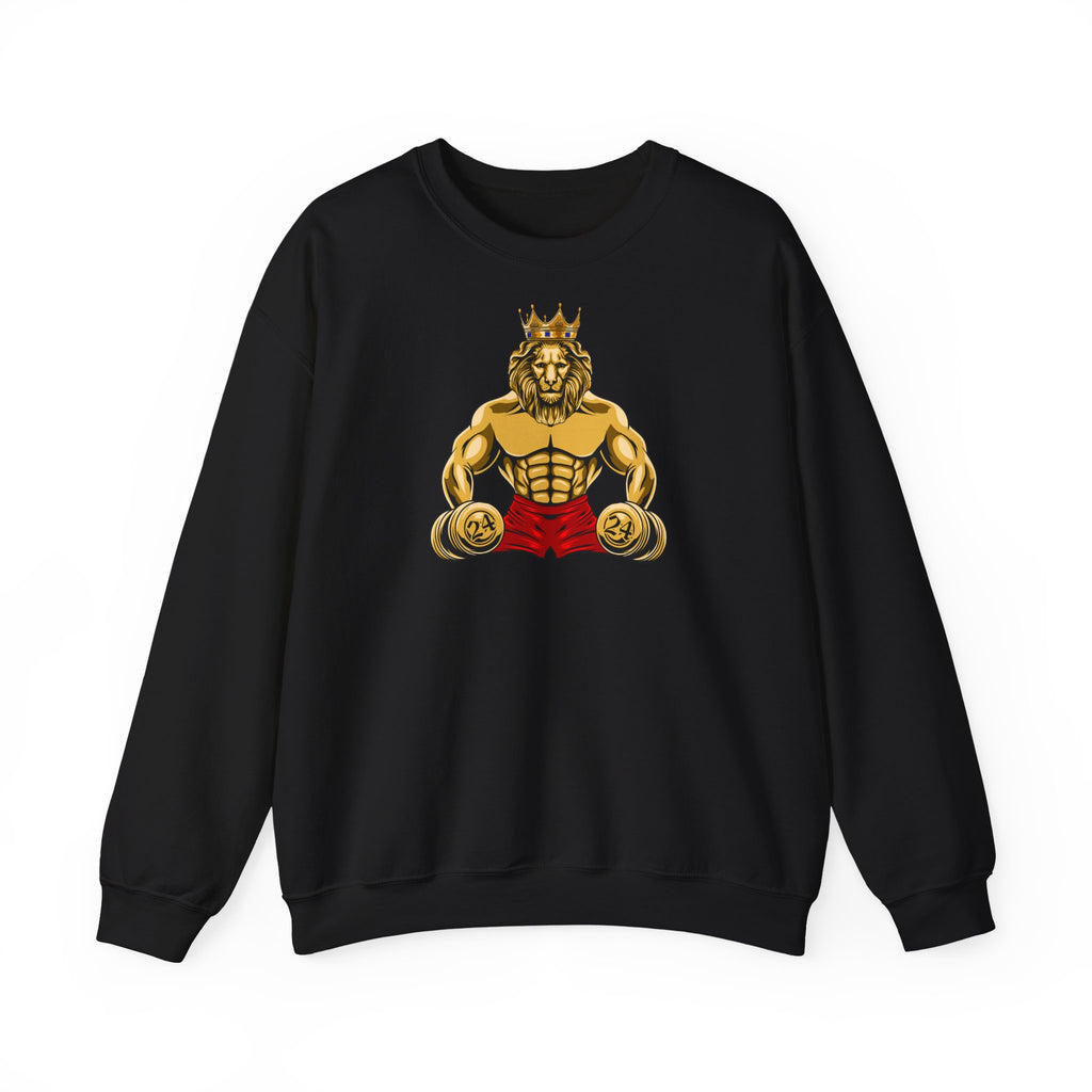 Flat lay of MUSCLE LION crewneck sweatshirt in black with red shorts and 24 print