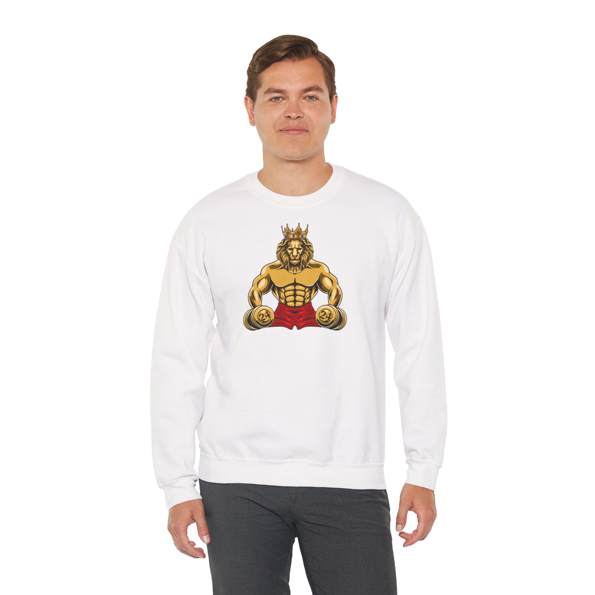 Model wearing MUSCLE LION Christian white sweatshirt with red shorts and number 24 design