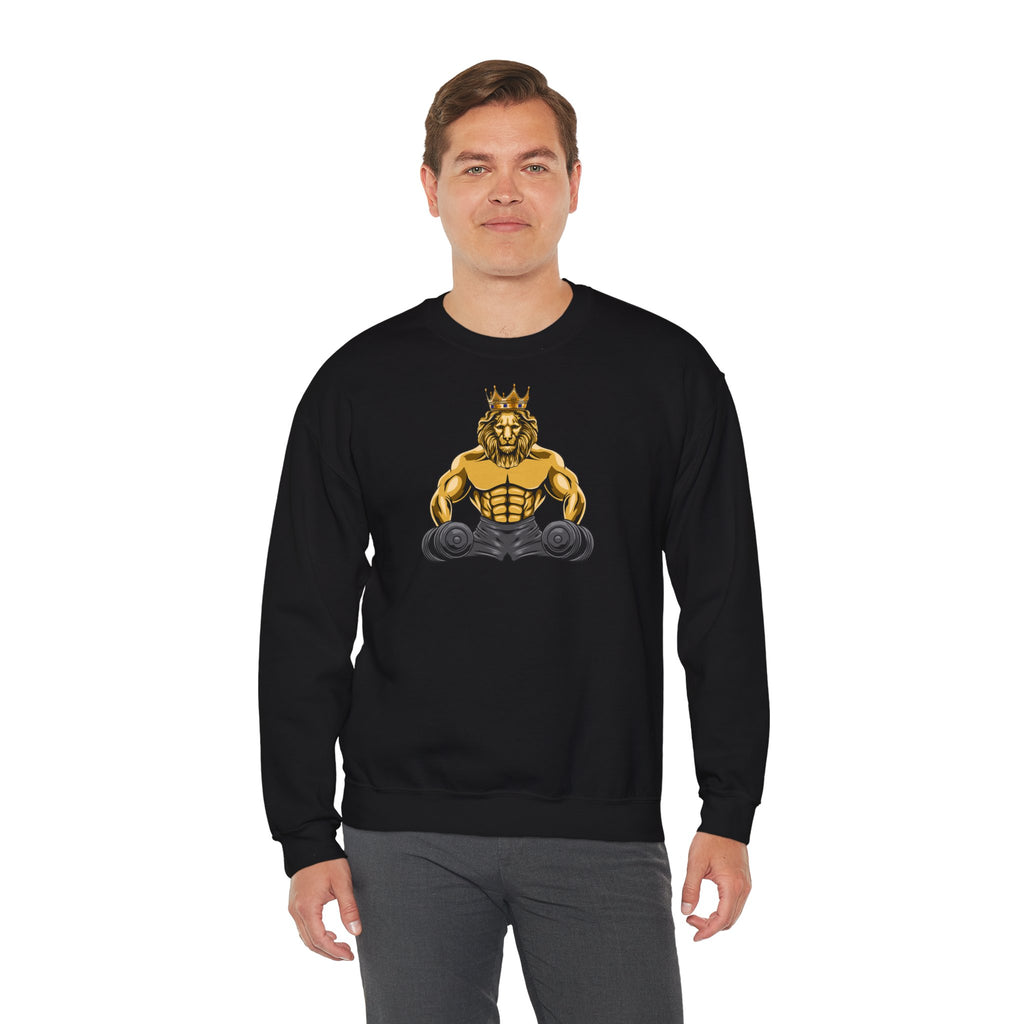 Model wearing black sweatshirt with MUSCLE LION lion symbol, Christian apparel