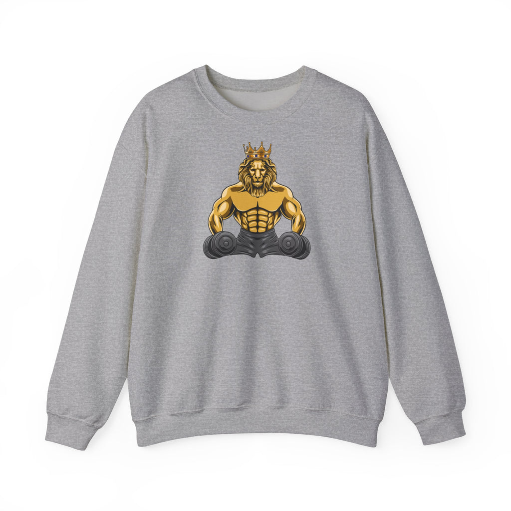 Faith-inspired sweatshirt with MUSCLE LION symbol of courage and strength