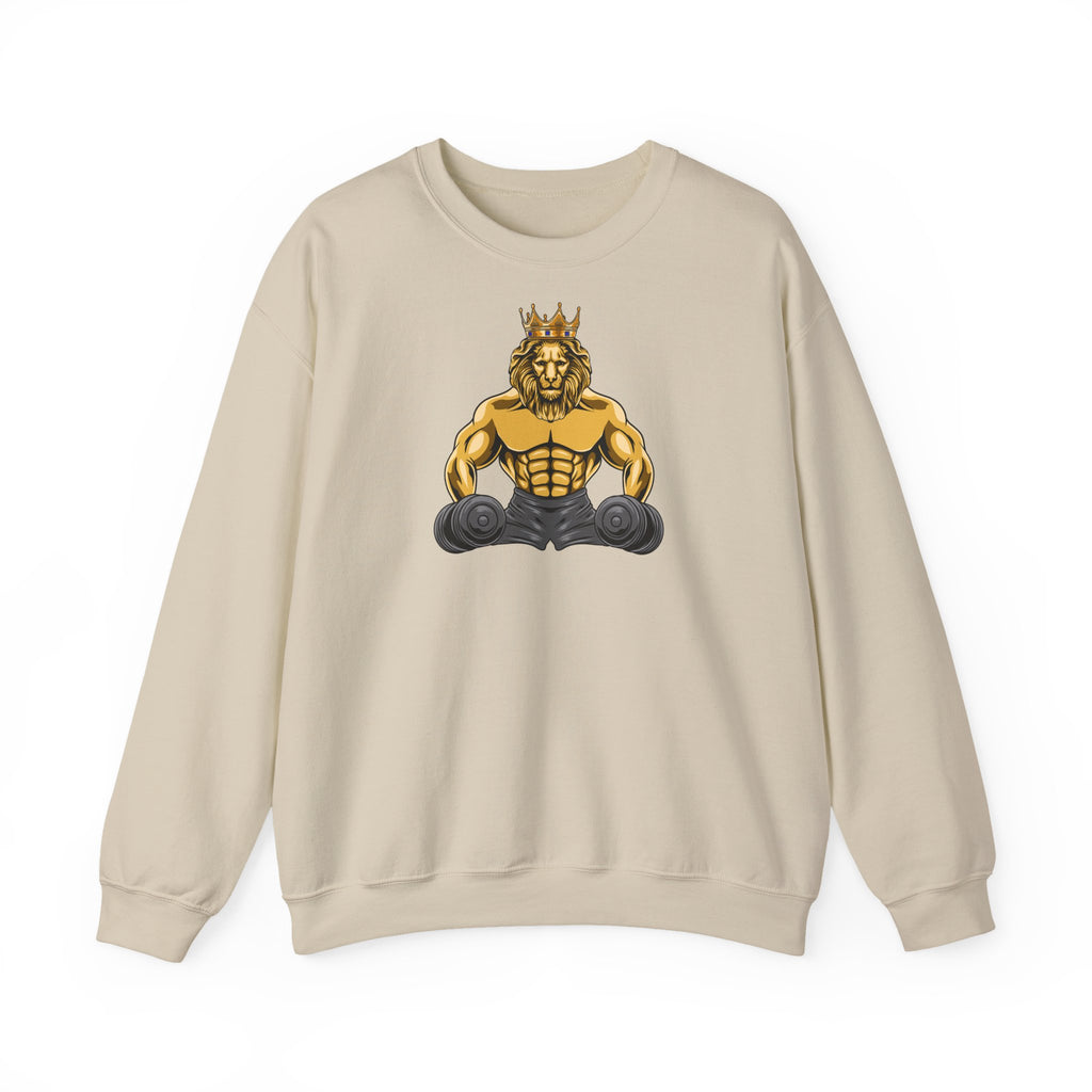 Faith-inspired sand sweatshirt with MUSCLE LION symbol from The Original