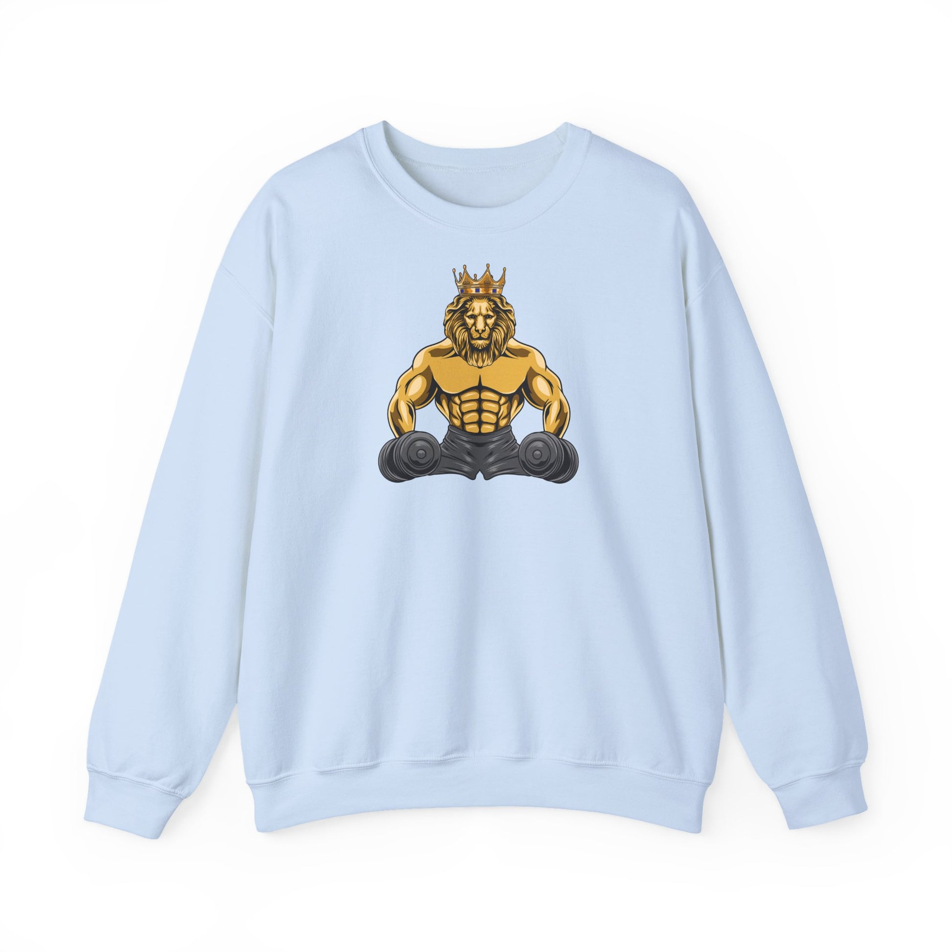 Close-up of MUSCLE LION gray shorts design on faith-based sweatshirt