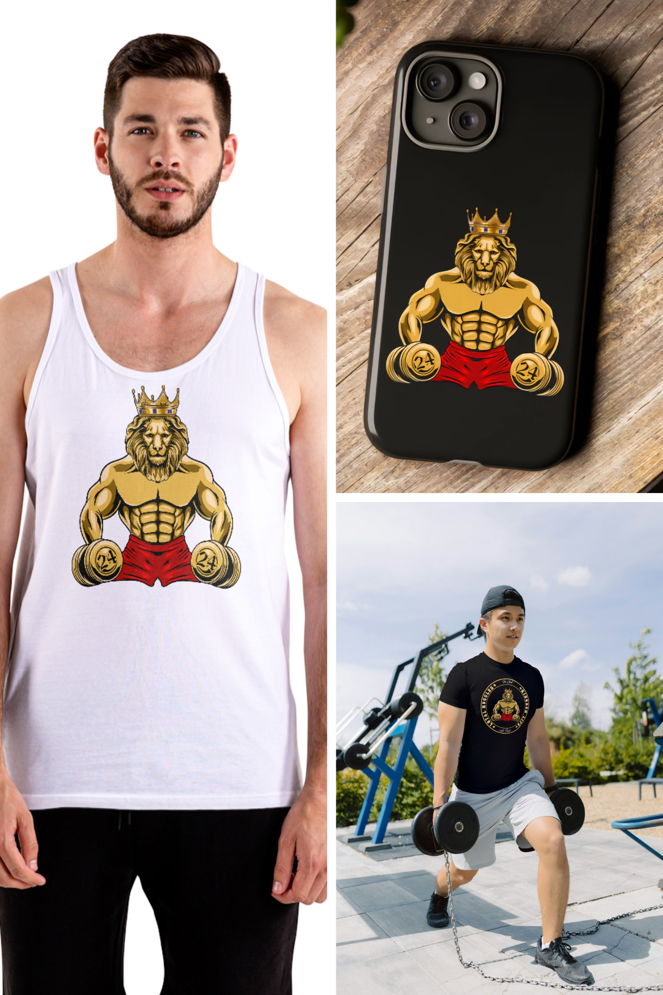 Show case of MUSCLE LION imprint on three different products from The Original