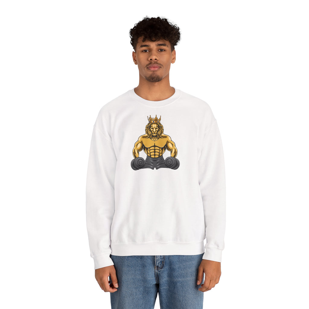 Model wearing white sweatshirt with MUSCLE LION lion symbol from The Original