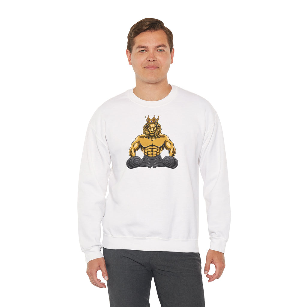 Model wearing white sweatshirt with MUSCLE LION lion symbol, Christian apparel