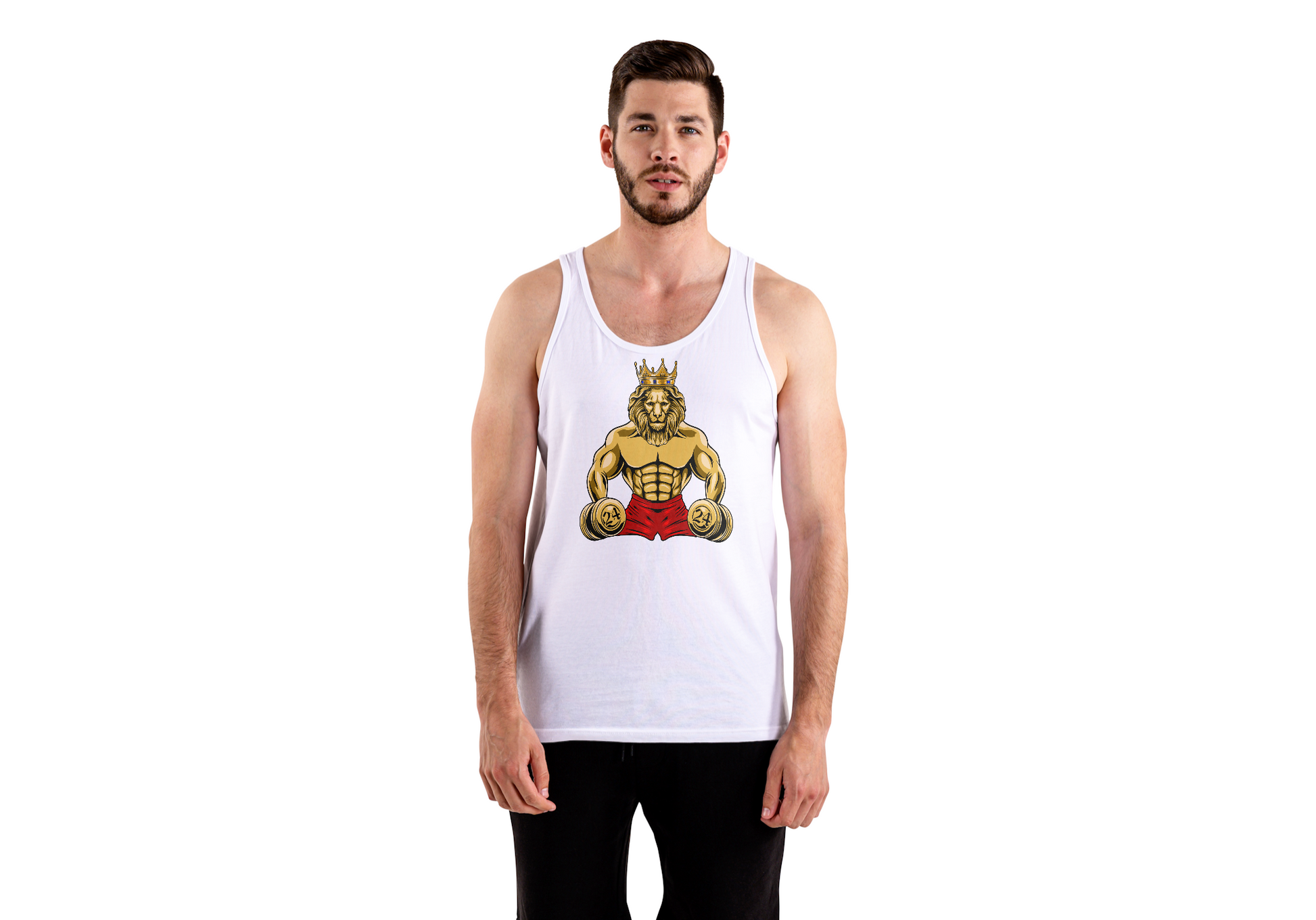 model wearing white tank top with our MUSCLE LION from The Original