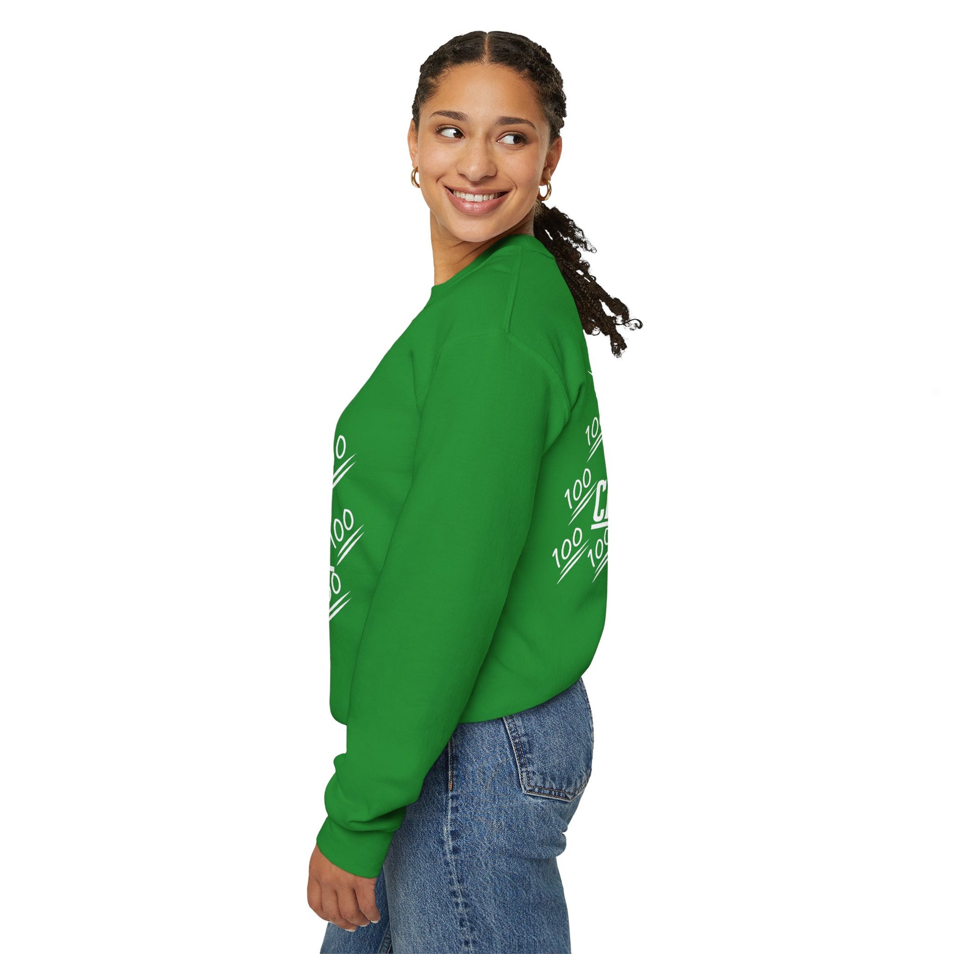 Opposite Side view of unisex sweatshirt worn casually, showing sleeve and fit