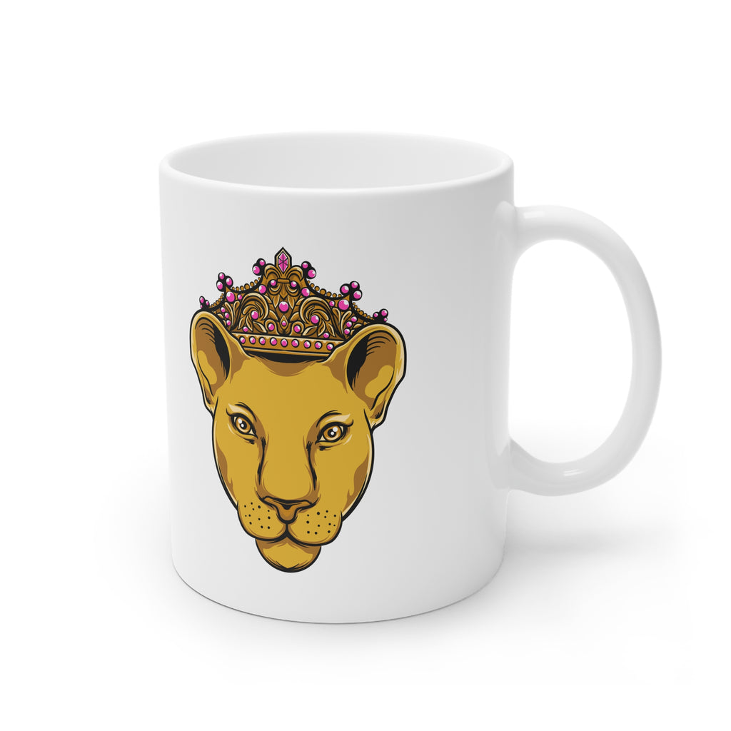 Glossy white ceramic LIONESS mug with C-shaped handle - 11oz and 15oz sizes