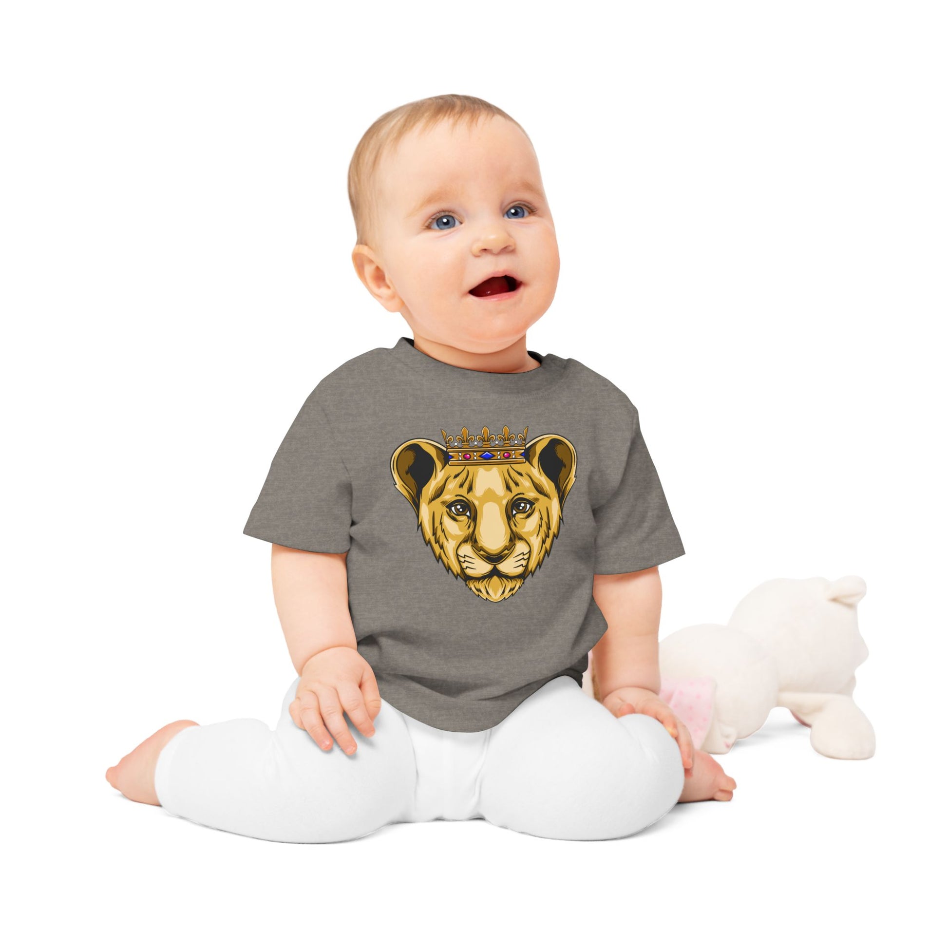 Baby model wearing white PRINCE organic cotton t-shirt – Christian streetwear for kids