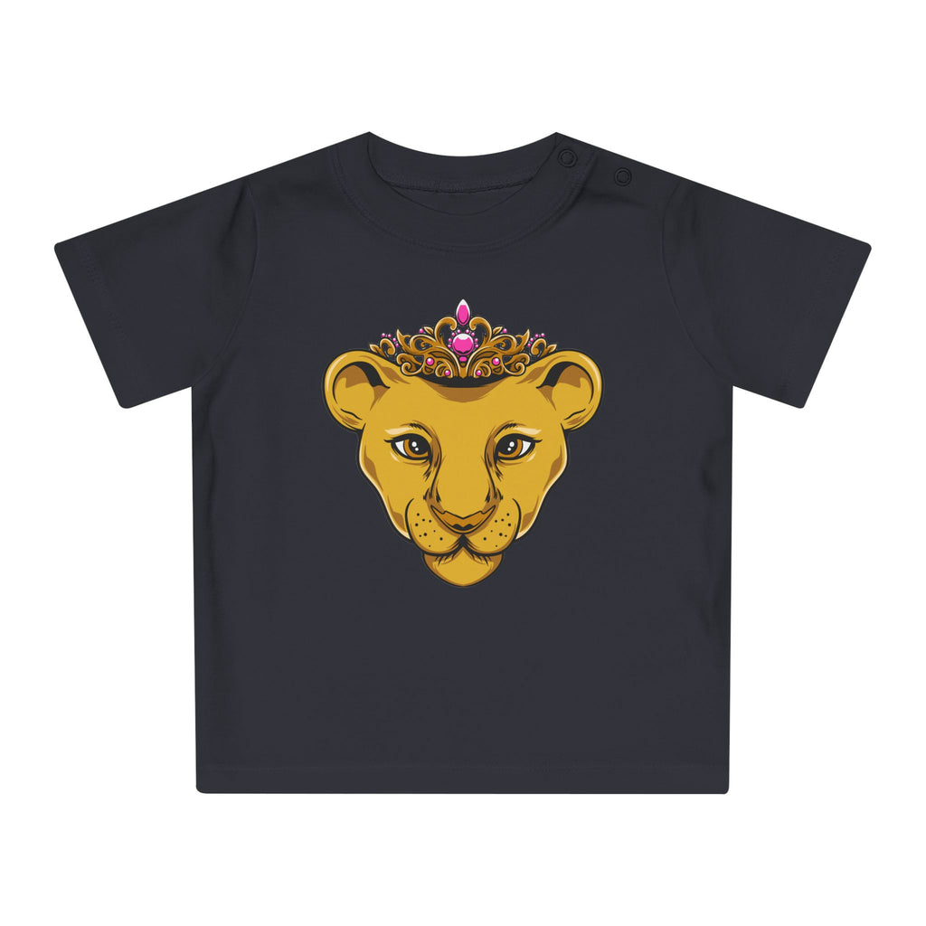 Close-up of PRINCESS baby t-shirt with royal crown design – soft organic cotton Christian apparel for babies