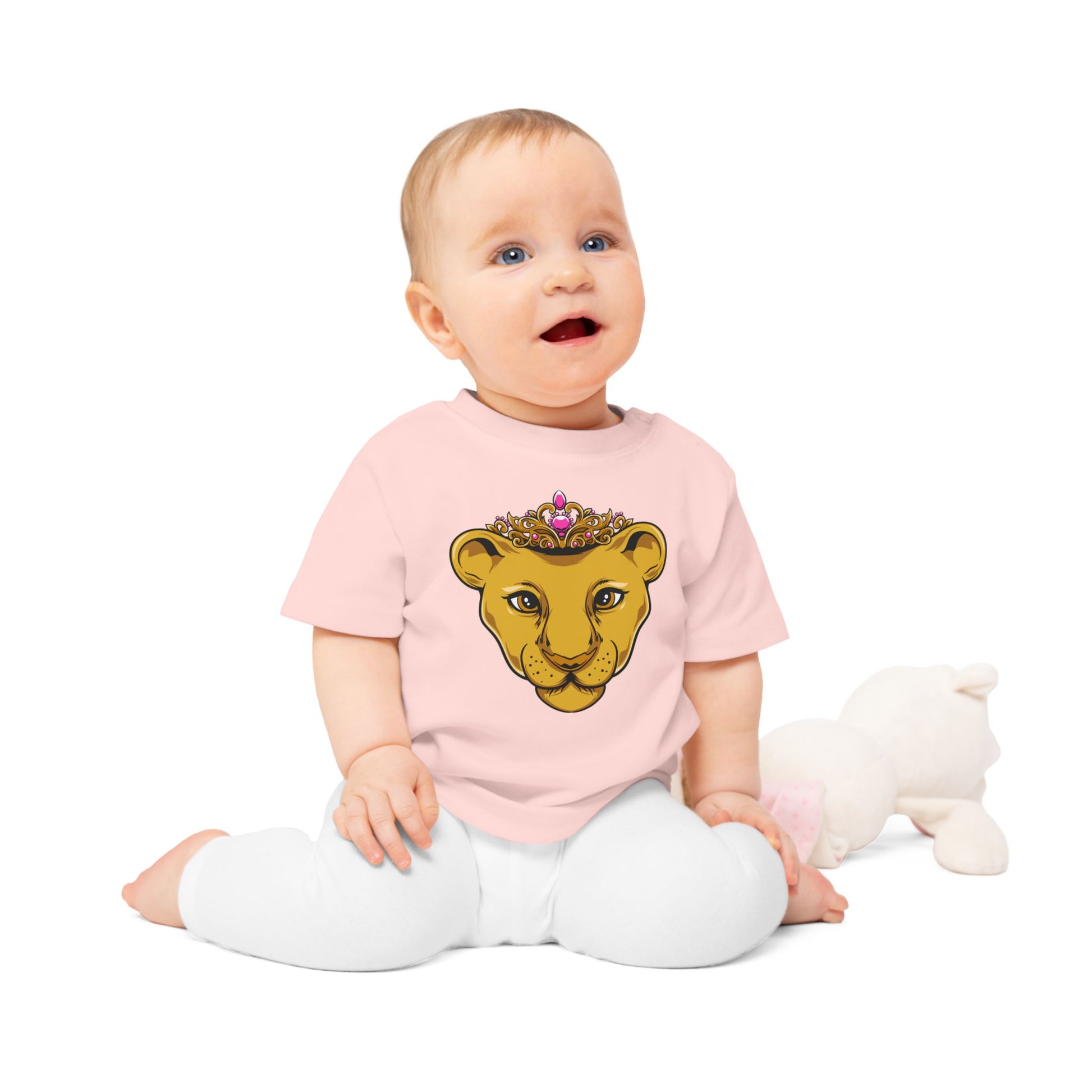 Model wearing PRINCESS baby tee – Christian faithwear for baby girls, organic cotton