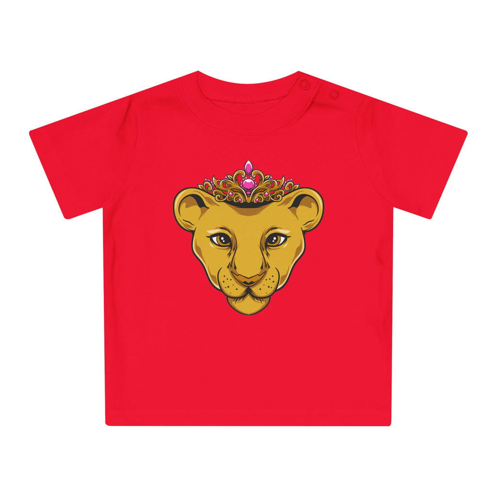 Front view of PRINCESS baby t-shirt in red organic cotton – Christian faithwear for girl