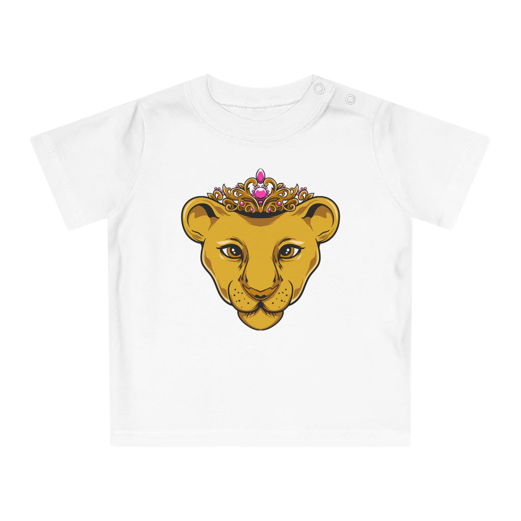 Close-up of PRINCESS baby t-shirt with royal crown design – soft organic cotton Christian apparel for babies