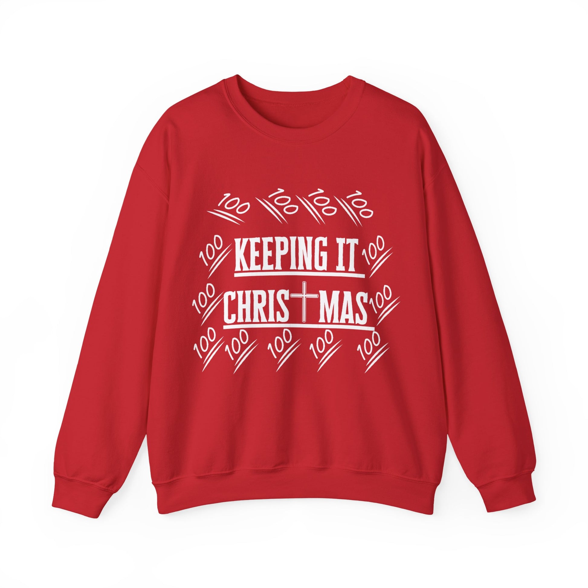 Close-up of Keep Christ in Christmas print on chest of cotton-polyester sweatshirt
