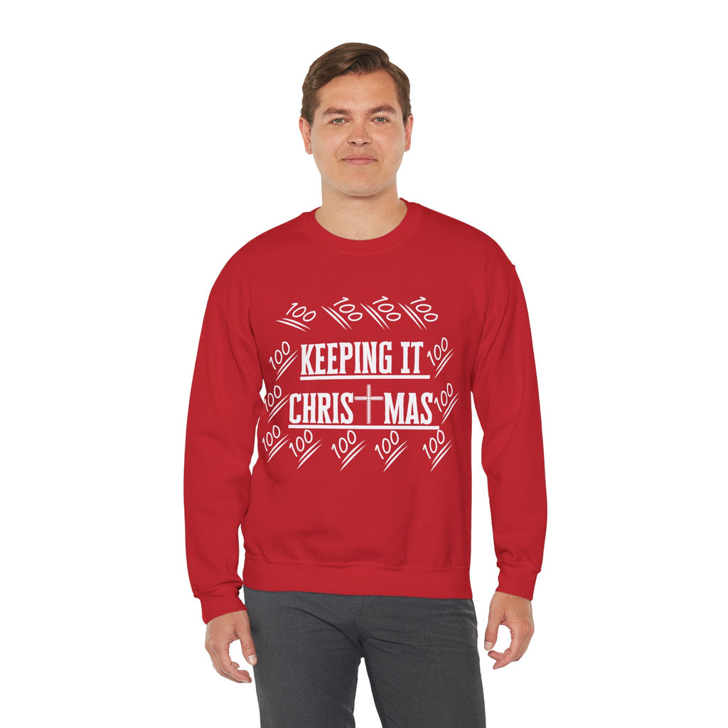 Model wearing faith-based holiday sweatshirt with white background