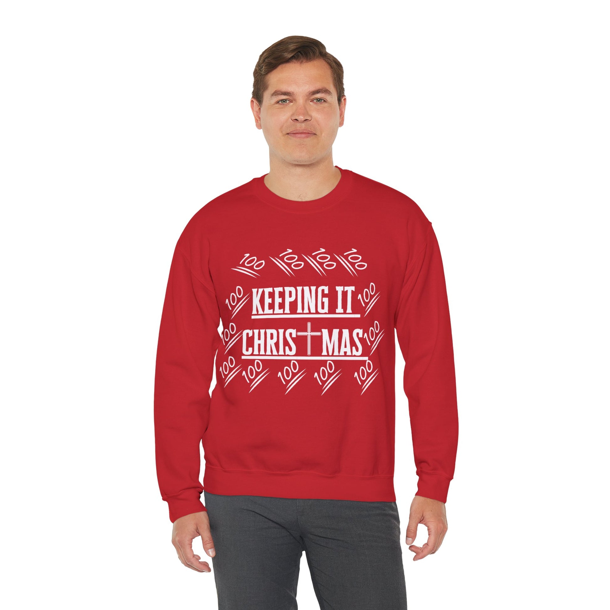 Model wearing faith-based holiday sweatshirt with white background