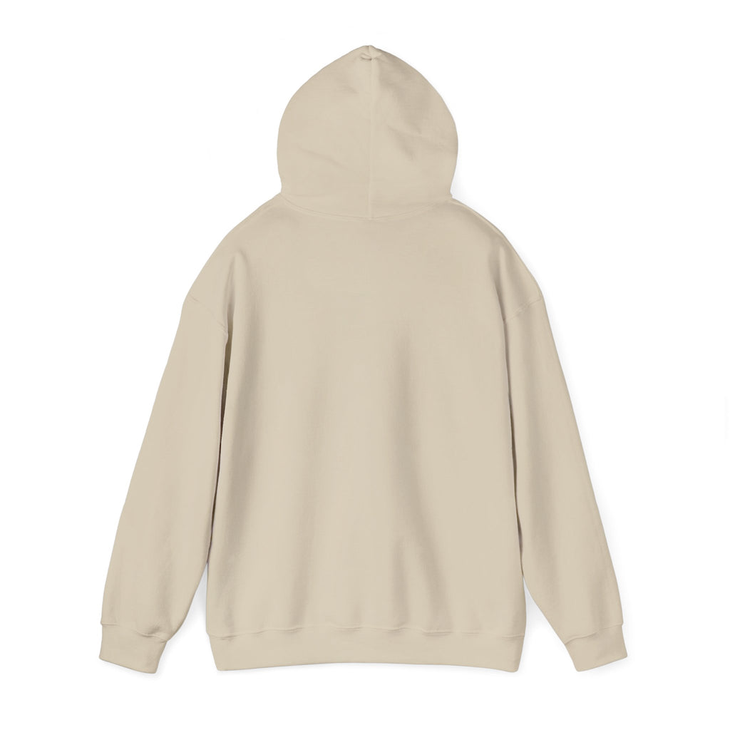 Back view of sand JOYFUL hoodie – soft cotton blend and adjustable hood