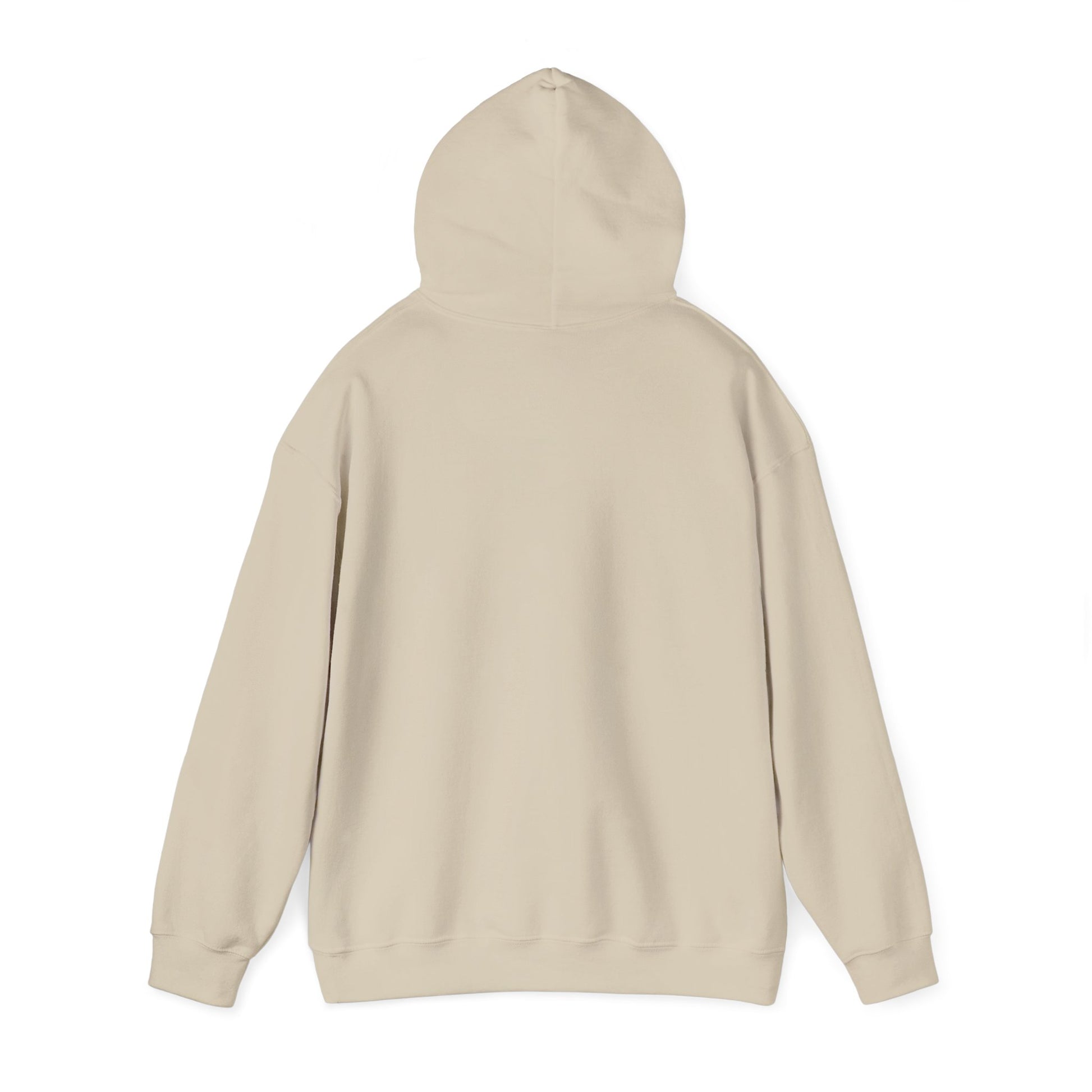 Back view of sand JOYFUL hoodie – soft cotton blend and adjustable hood