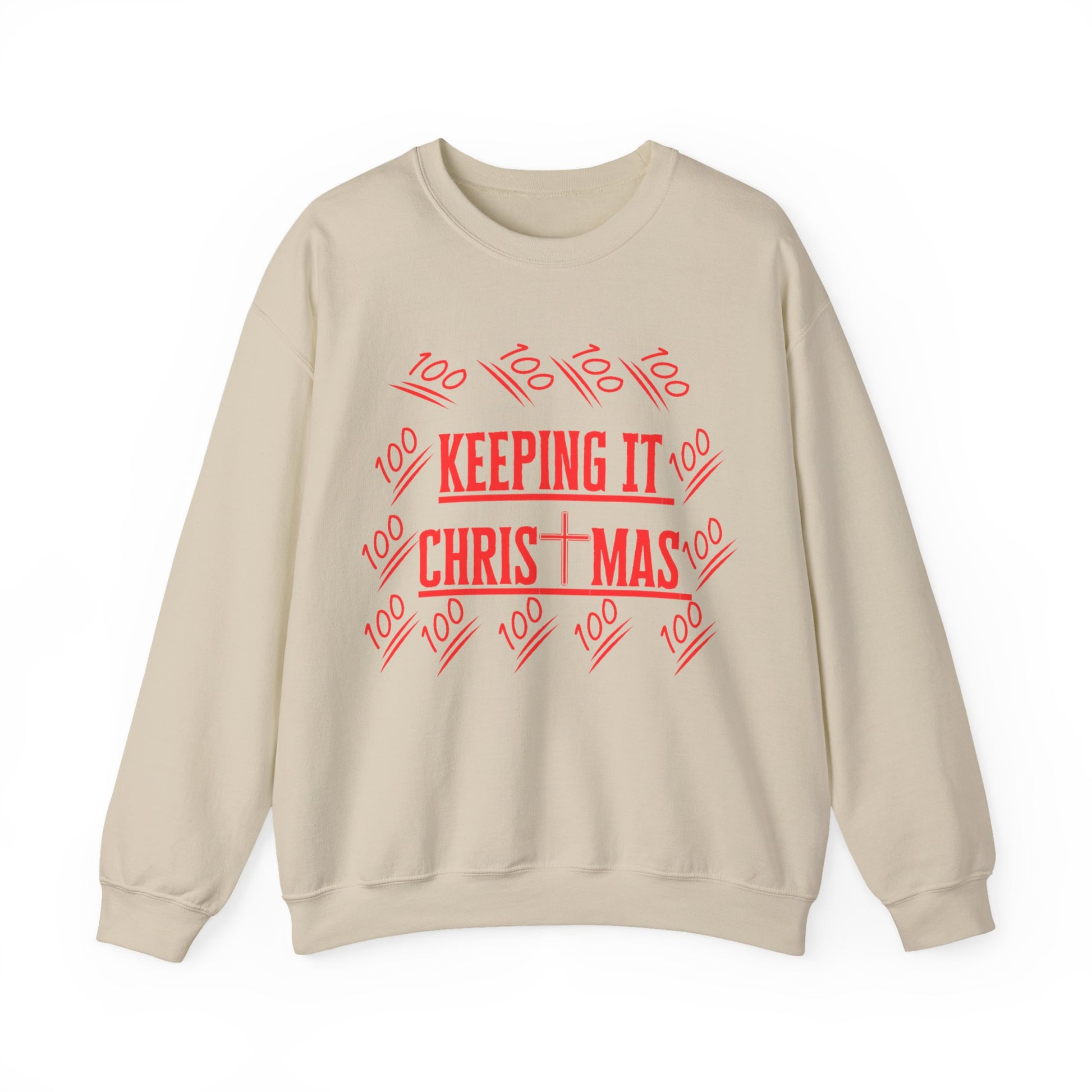 Close-up of bold red text on chest of sand holiday faithwear sweatshirt