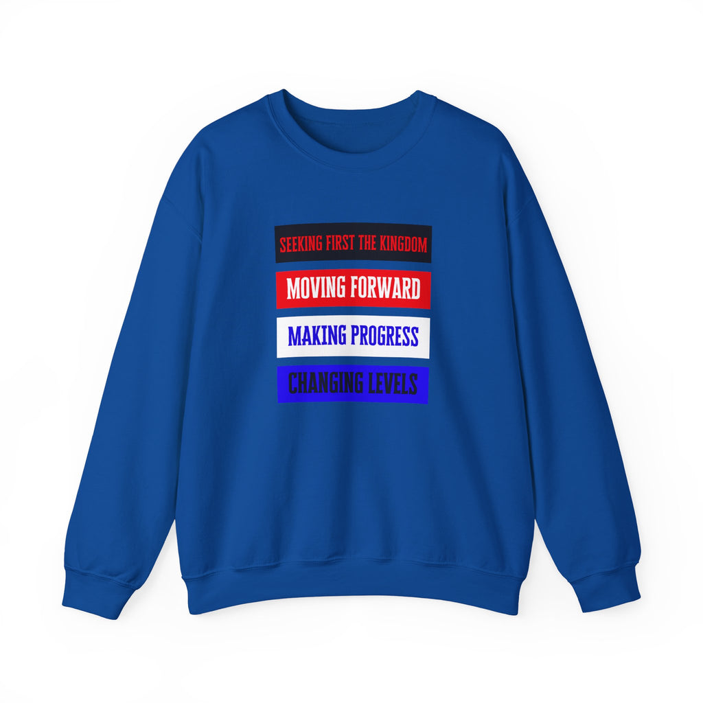 royal blue Faith-based unisex crewneck in grey – lifestyle shot