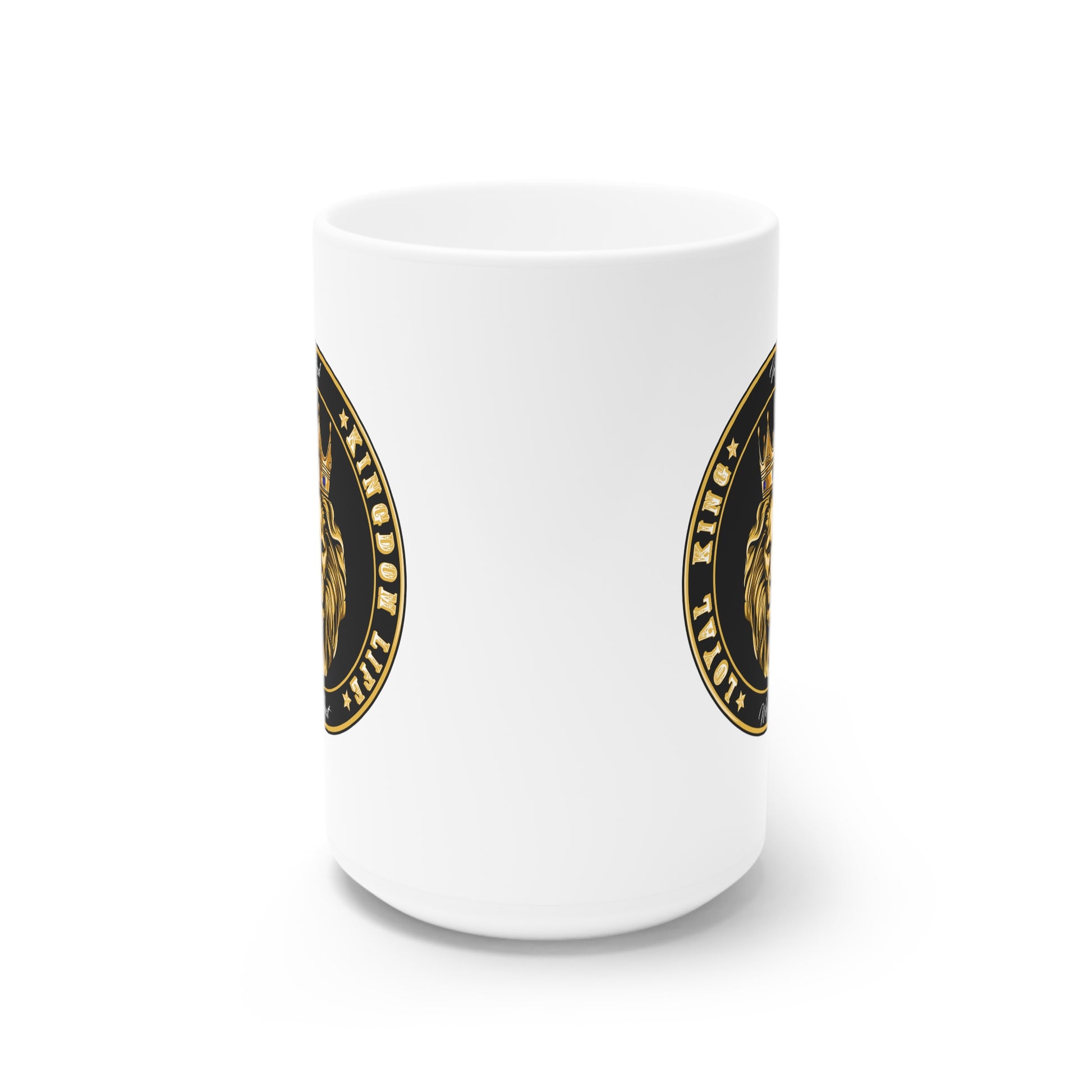 white ceramic cup with imprint of LOYAL KING - KINGDOM LIFE, in God we Trust.
Drink your coffee or tea while sharing your faith.