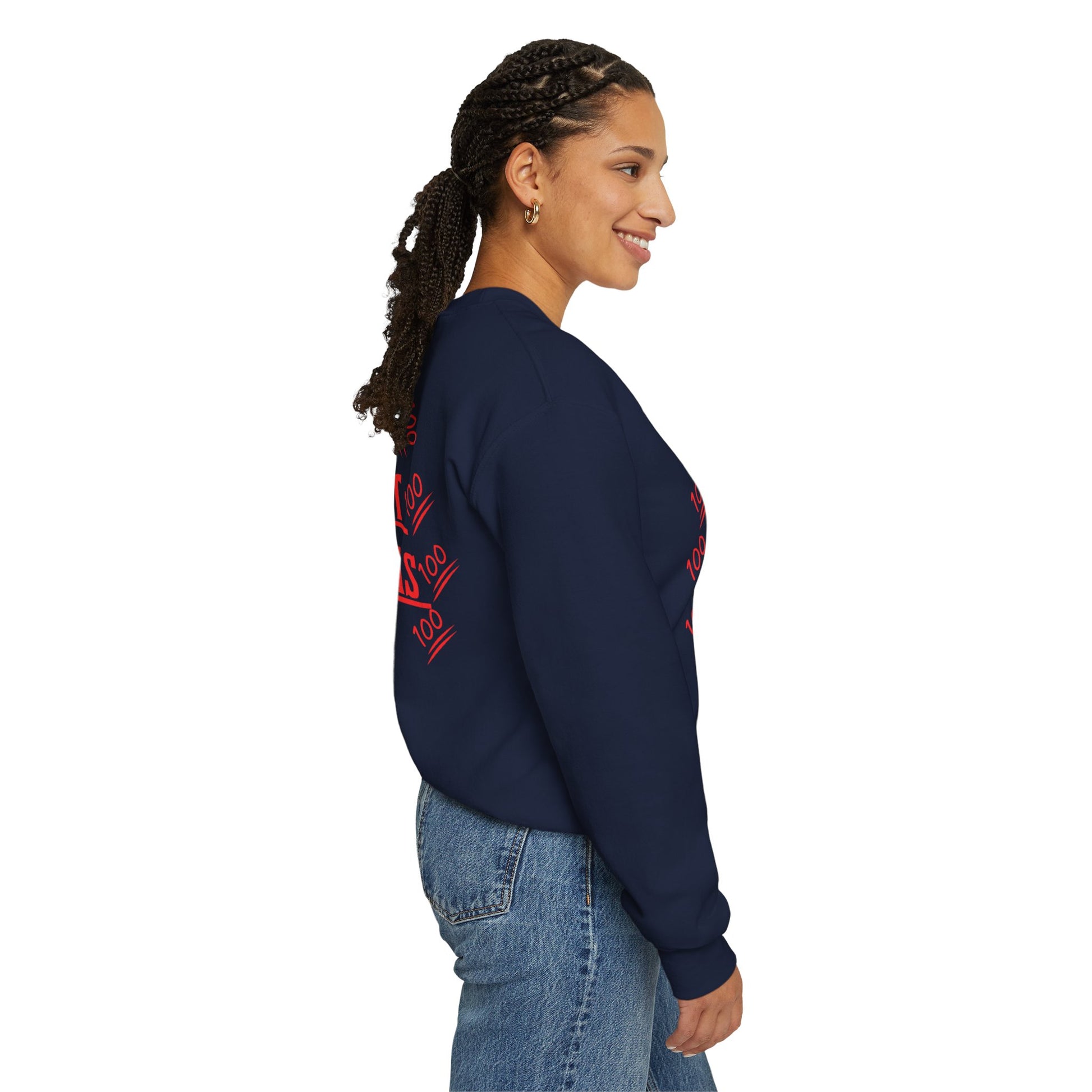 Side view showing fit and sleeve detail of Christian Christmas sweatshirt