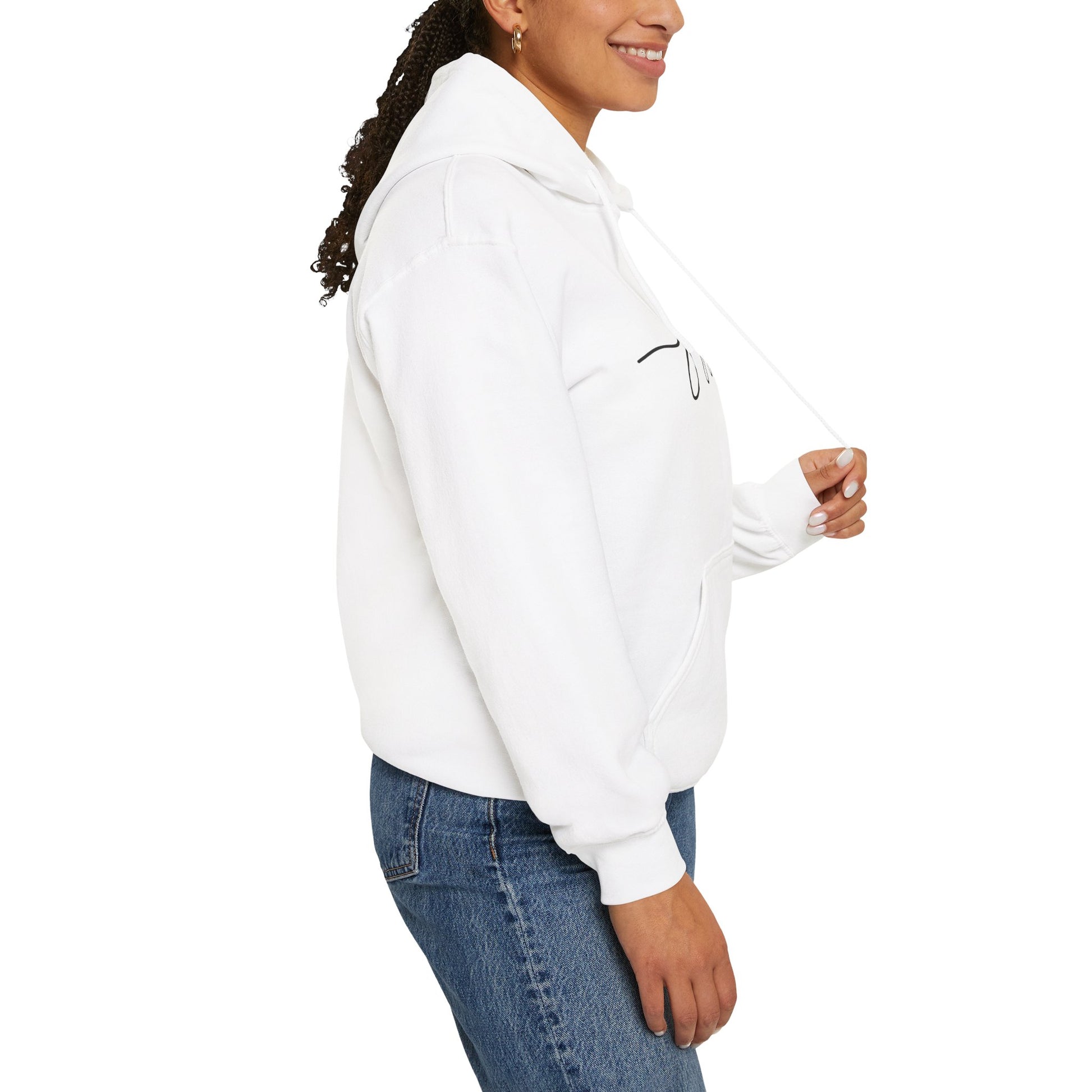 Side view model smiling in JOYFUL hoodie – Christian fashion with meaning